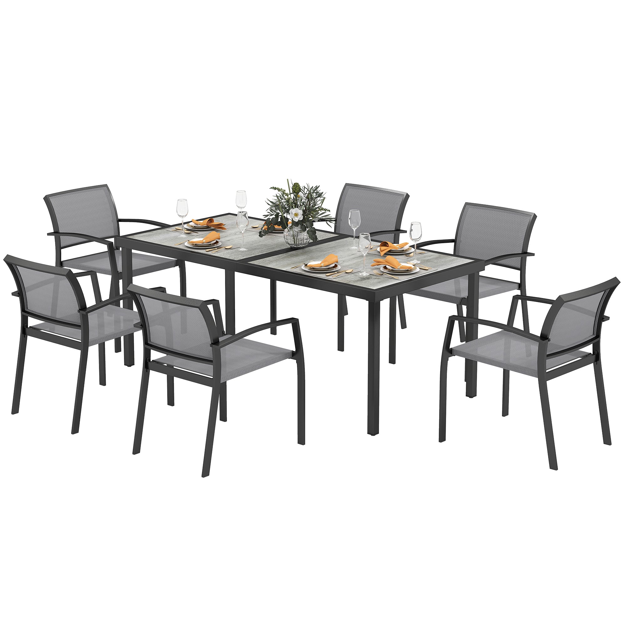 Outsunny 7-teiliges Ess-Set, 6 Stühle, 1 Tisch, stapelbar, leicht zu reinigen, Stahlrahmen, Gartenmöbel-Set, Grau
