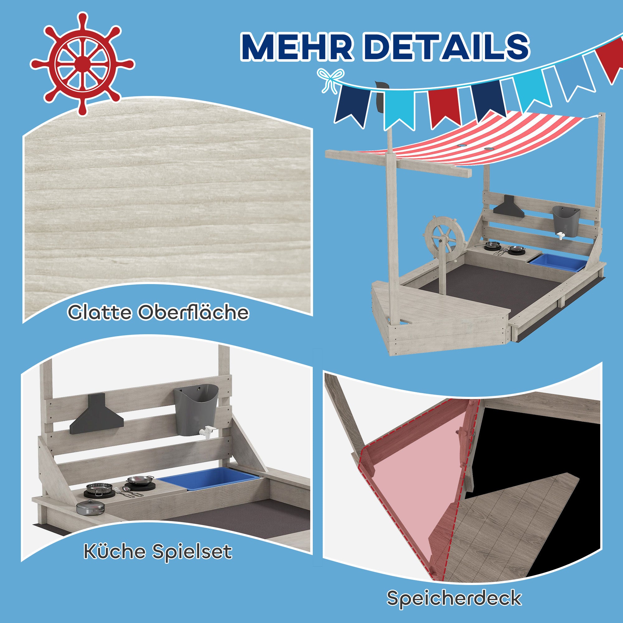 Outsunny Sandkasten mit Sonnendach Piratenschiff, inkl. Kinderküchenspielset, Massivholz, 180 x 103 x 144,5 cm, Grau