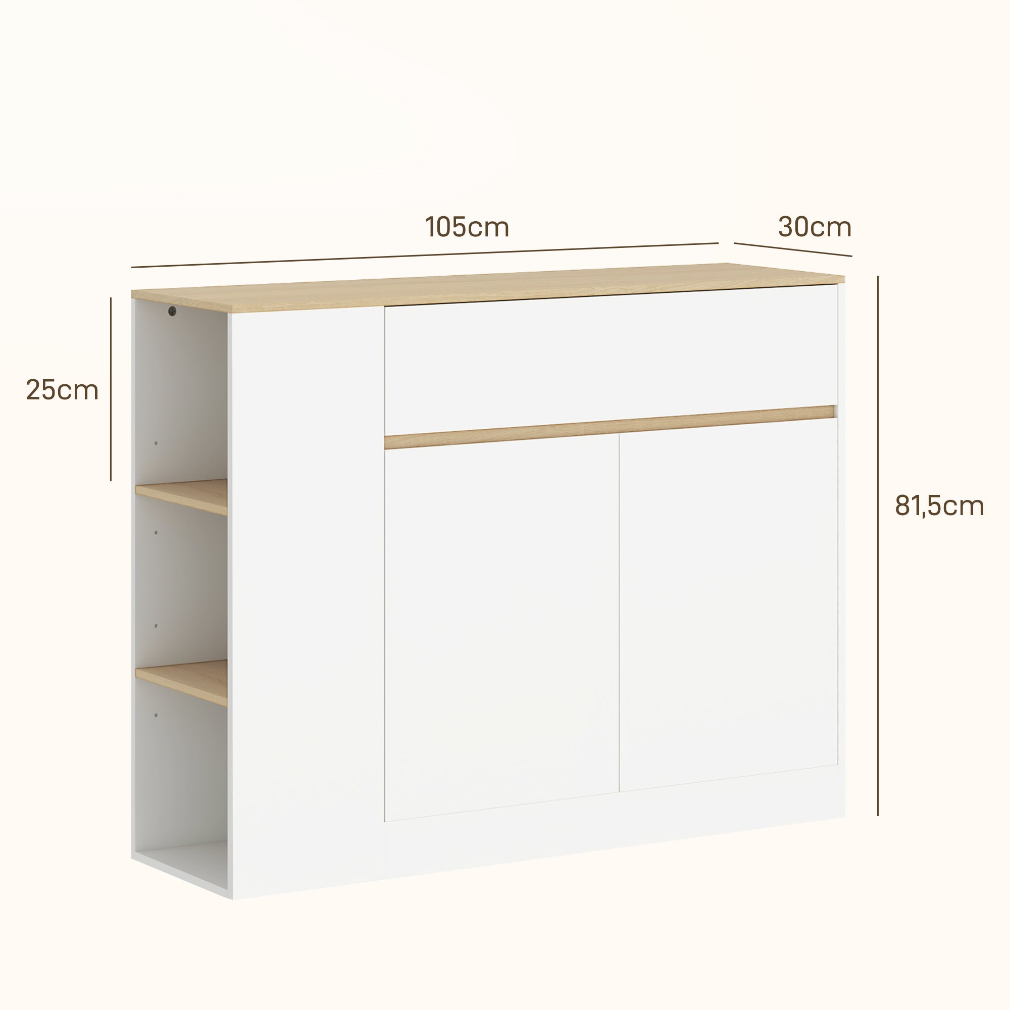 HOMCOM Sideboard, großes Schrankfach, 3 Ablagefächer, Schublade, 105 x 30 x 81,5cm, Weiß/Holz