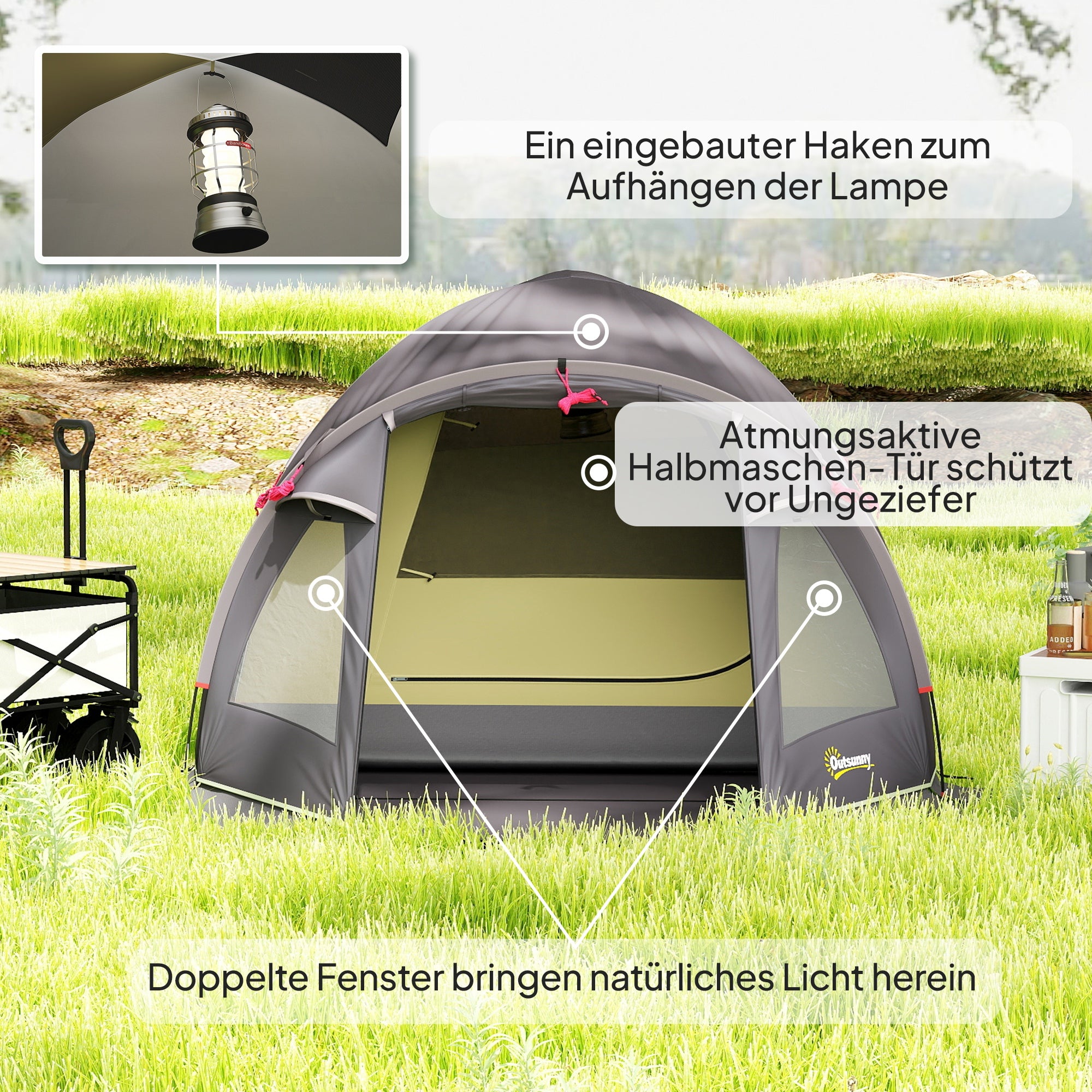 Outsunny Campingzelt für 4 Personen leicht, stabil UV 50+ Tunnelzelt mit Vordach Seitentür&Fenster Schwarz
