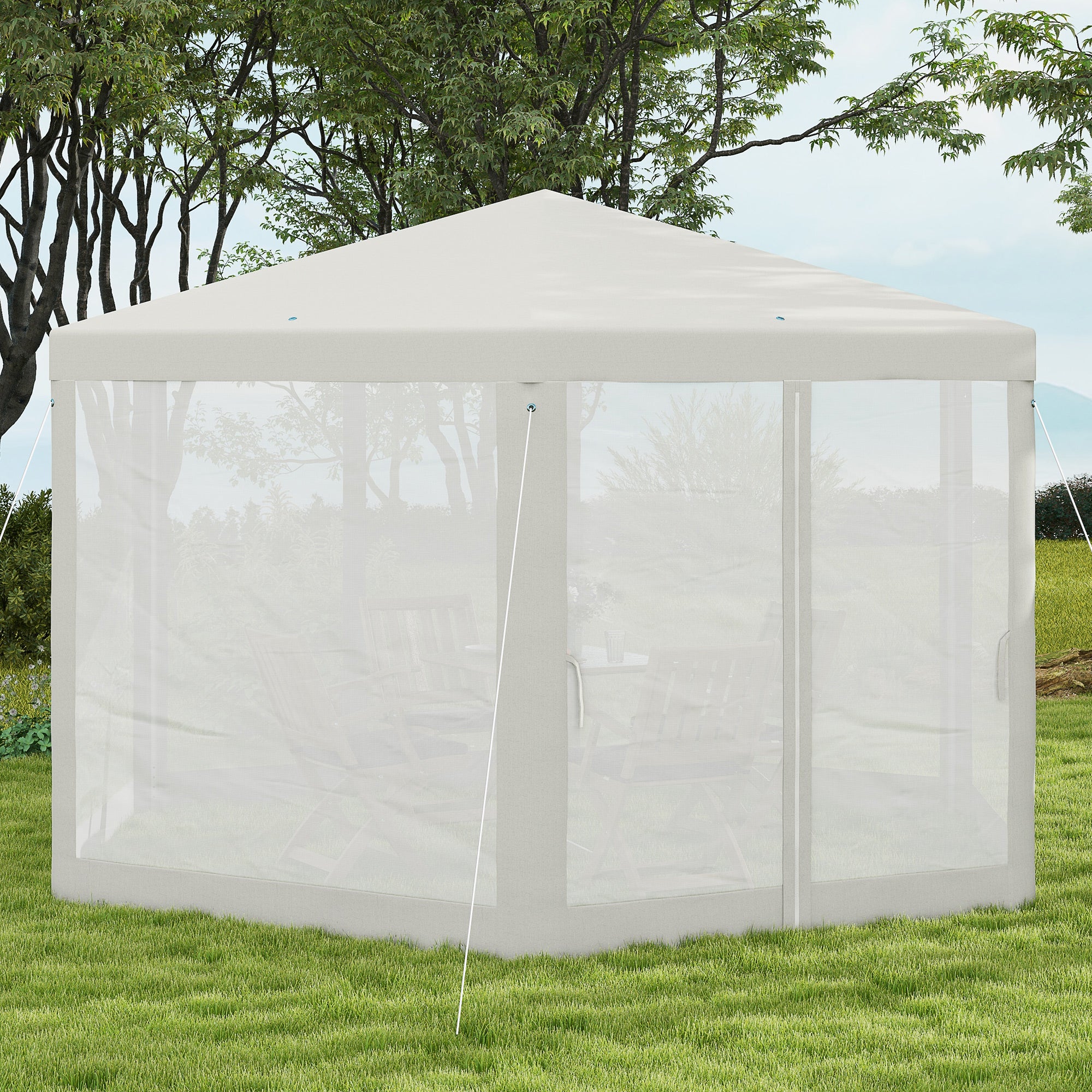 Outsunny Gartenpavillon, 6-eckig, Netzvorhänge, Metallgestell, 3,94x3,412x2,5m, Creme