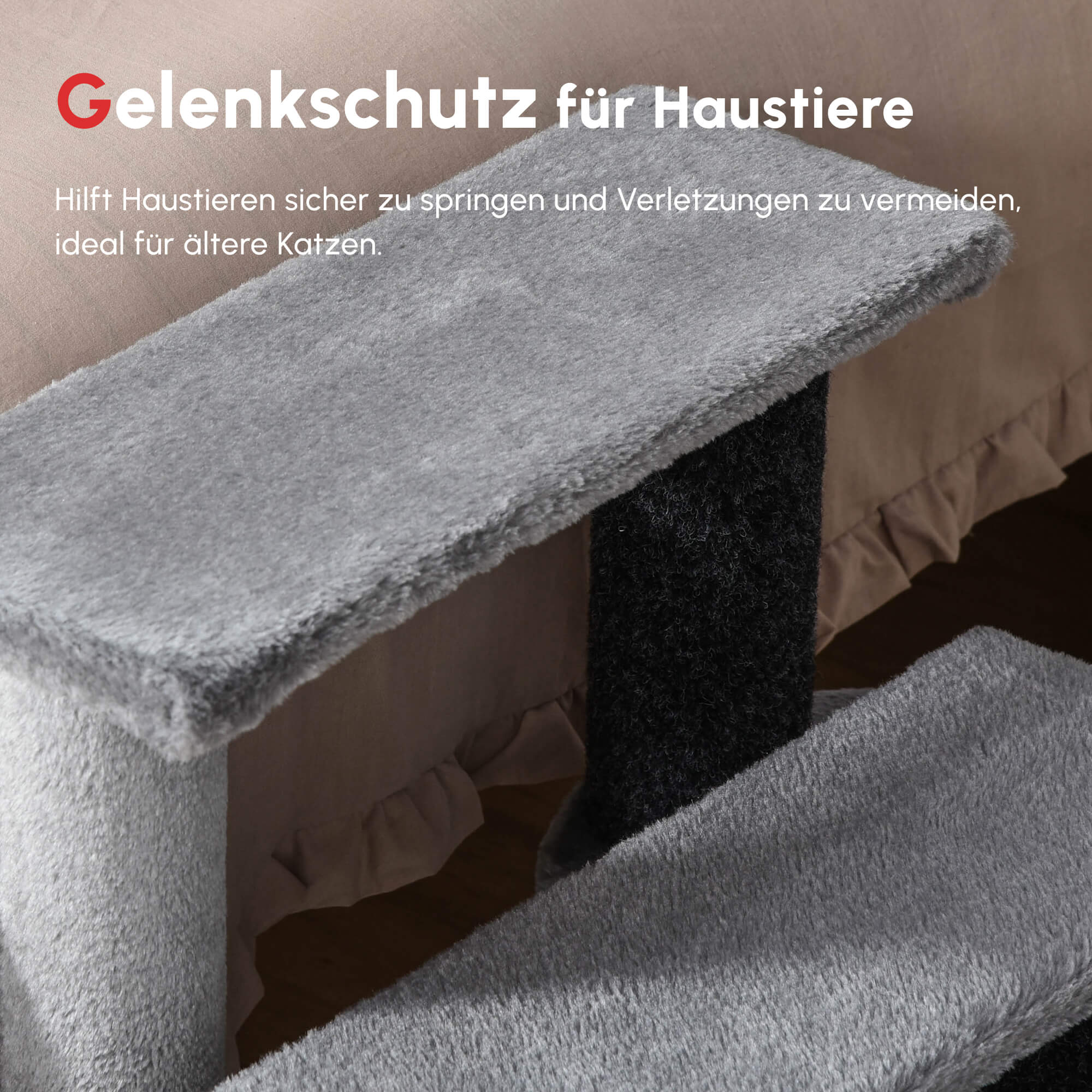 PawHut Katzentreppe 3-stufige Haustiertreppe mit Kratzsäulen Ball Hundetreppe Tiertreppe für Katzen bis 5 kg Plüsch Jute Grau 45 x 40 x 48 cm