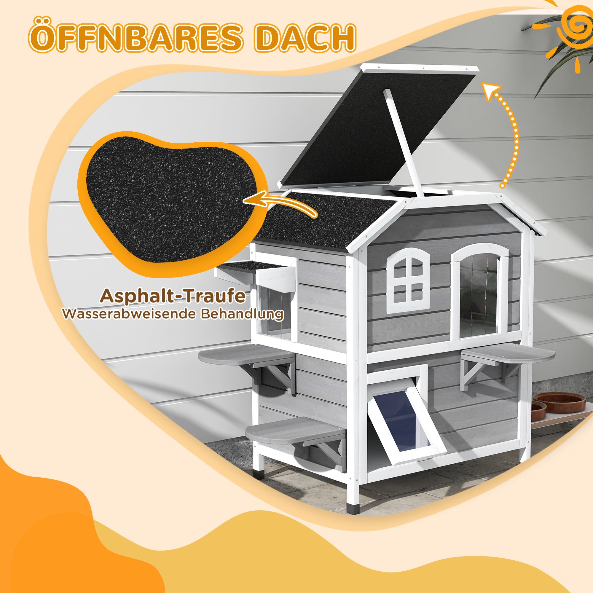 PawHut Katzenhaus aus Holz 2-Etagen Winterfest wasserdicht Katzenhütte mit Asphaltdach klappbarem Deckel Treppe Katzenhöhle Outdoor Schutzhütte für Draußen Garten Balkon 78 x 55,5 x 91 cm Grau