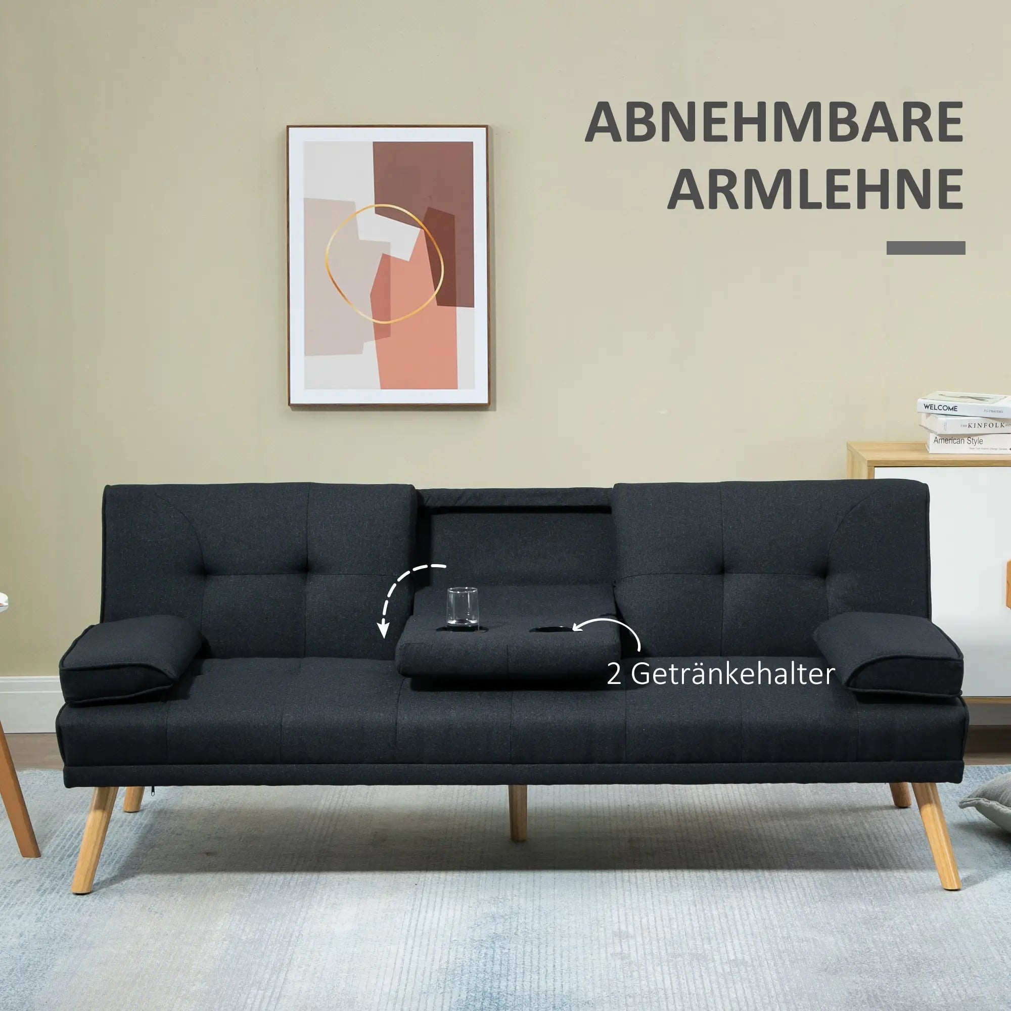 HOMCOM Schlafsofa, Gästebett, verstellbare Rückenlehne, klappbarer Tisch, 181x77x78 cm, Schwarz