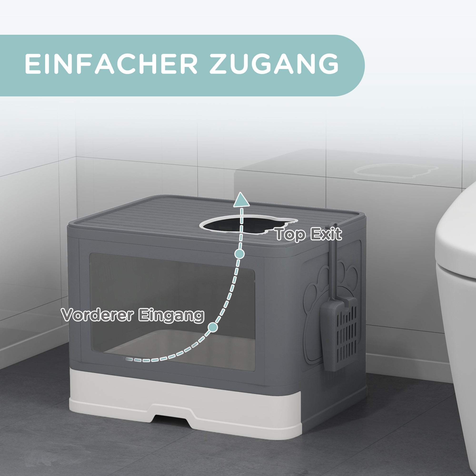 PawHut Katzentoilette Katzenklo Katzentoillete mit Abdeckung, 2 Ausgänge, 48,5 x 38 x 36,5 cm, Grau + Weiß