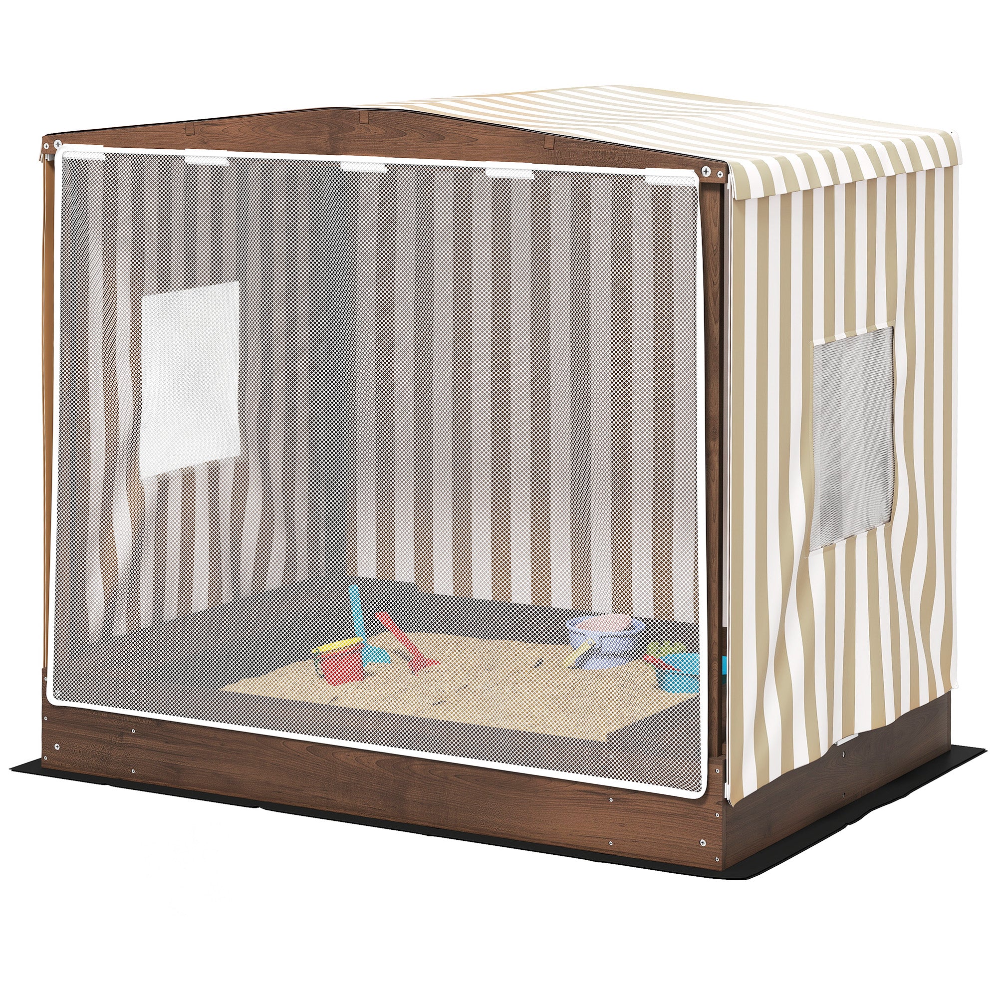 AIYAPLAY Sandkasten, Sandkiste mit Vordach und Netztür, Sitzbänke, Bodenschutz, Braun