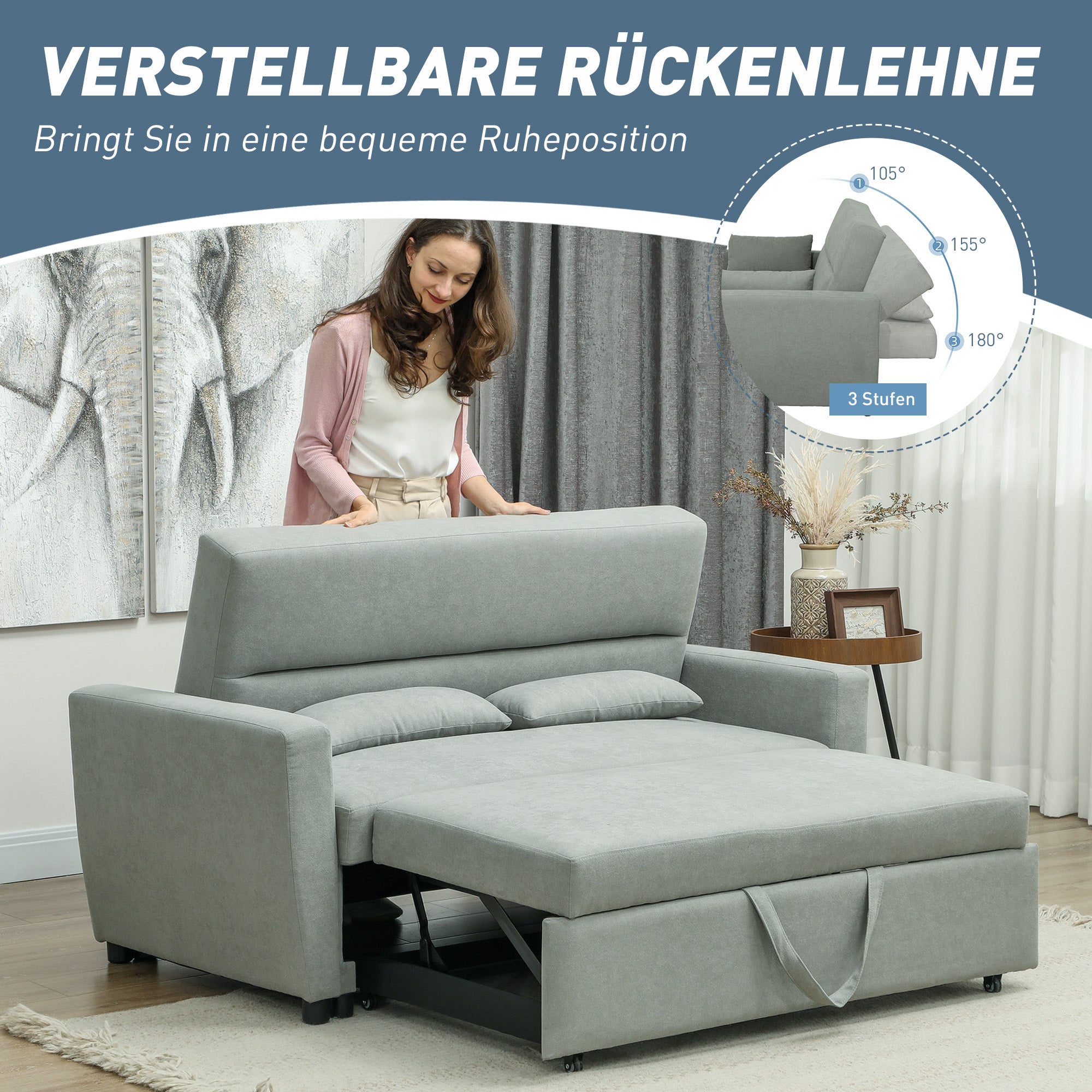 HOMCOM 2-Sitzer Sofa mit Bettfunktion, Verstellbarer Rückenlehne, Polstersofa, Samtoptik, für Wohnzimmer, Schlafzimmer, Hellgrau