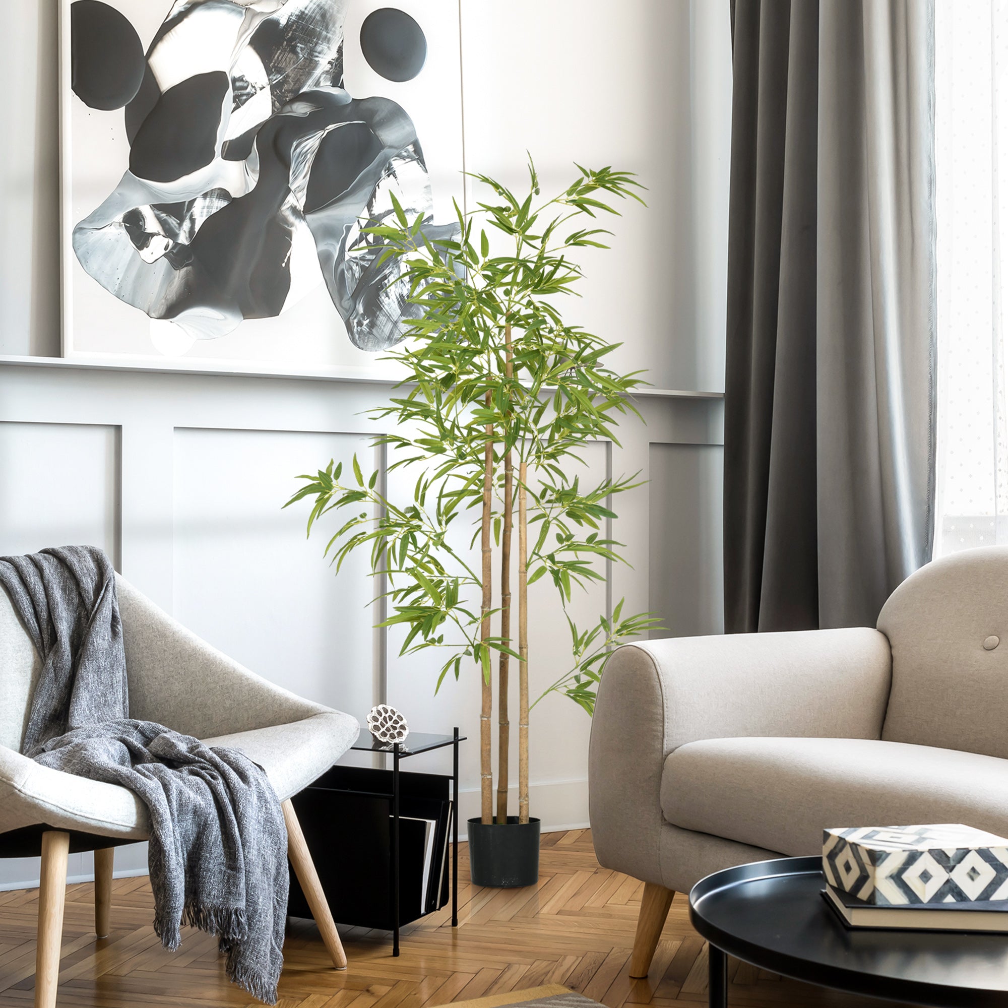 HOMCOM Kunstpflanze, Bambus, 3 Stämme, 830 Blätter, pflegeleicht, 180 cm, Zementtopf