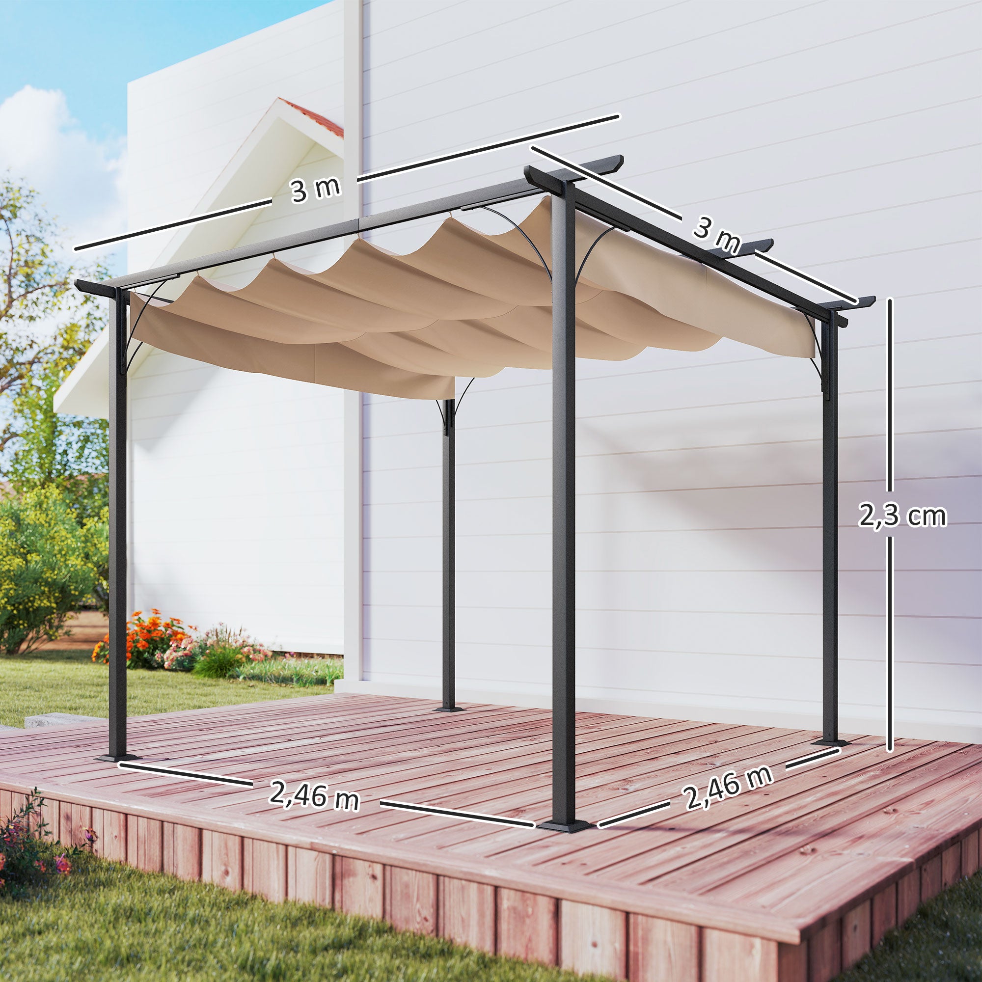 Outsunny Pergola Wasserdichter Pavillon 3 x 3 m Terrassenüberdachung mit Schiebedach, UV-Schutz für Garten Beige