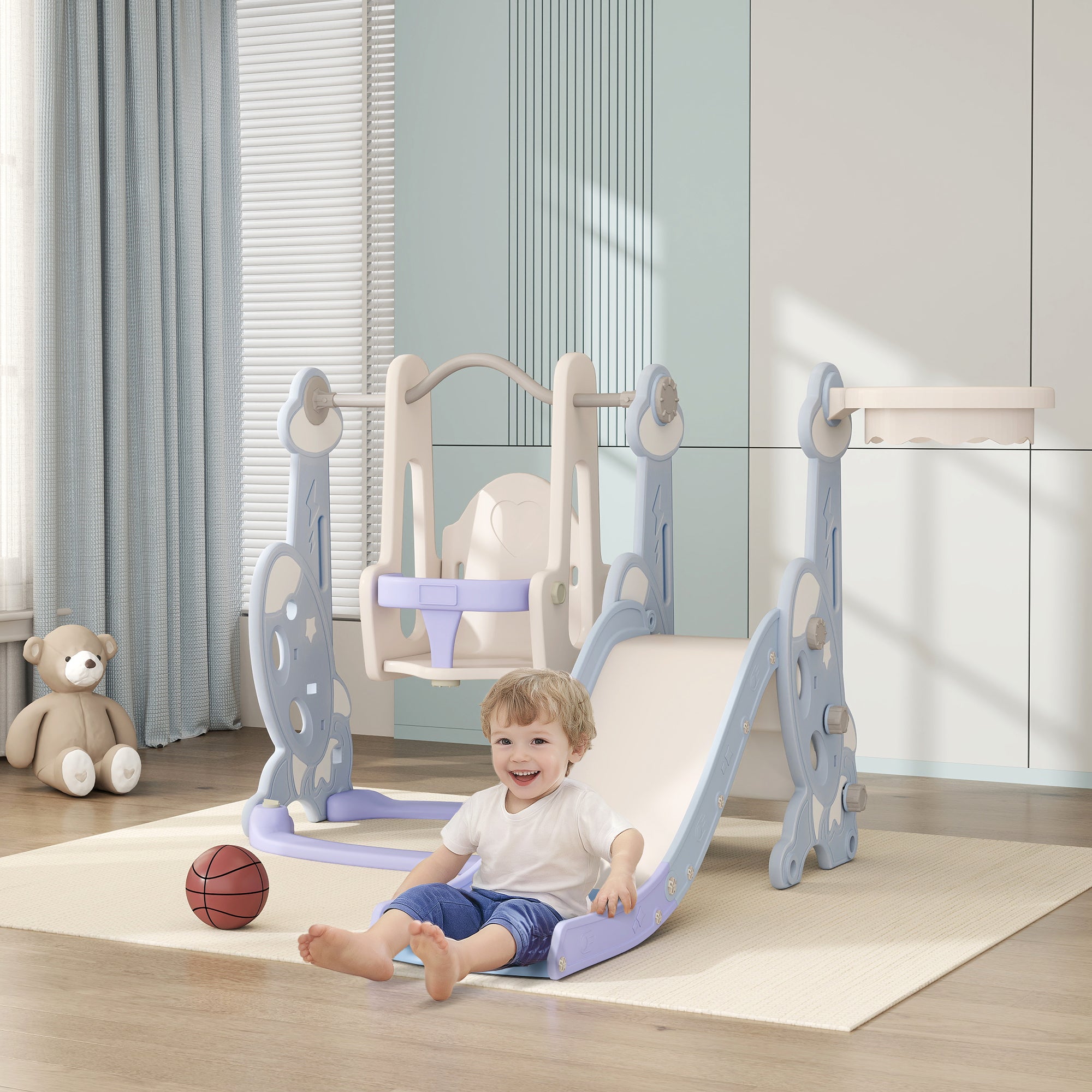AIYAPLAY 4-in-1 Indoor-Spielplatz, Rutsch- und Schaukelset für Kleinkinder, Basketballkorb, Raketendesign, Kunststoff, Hellblau