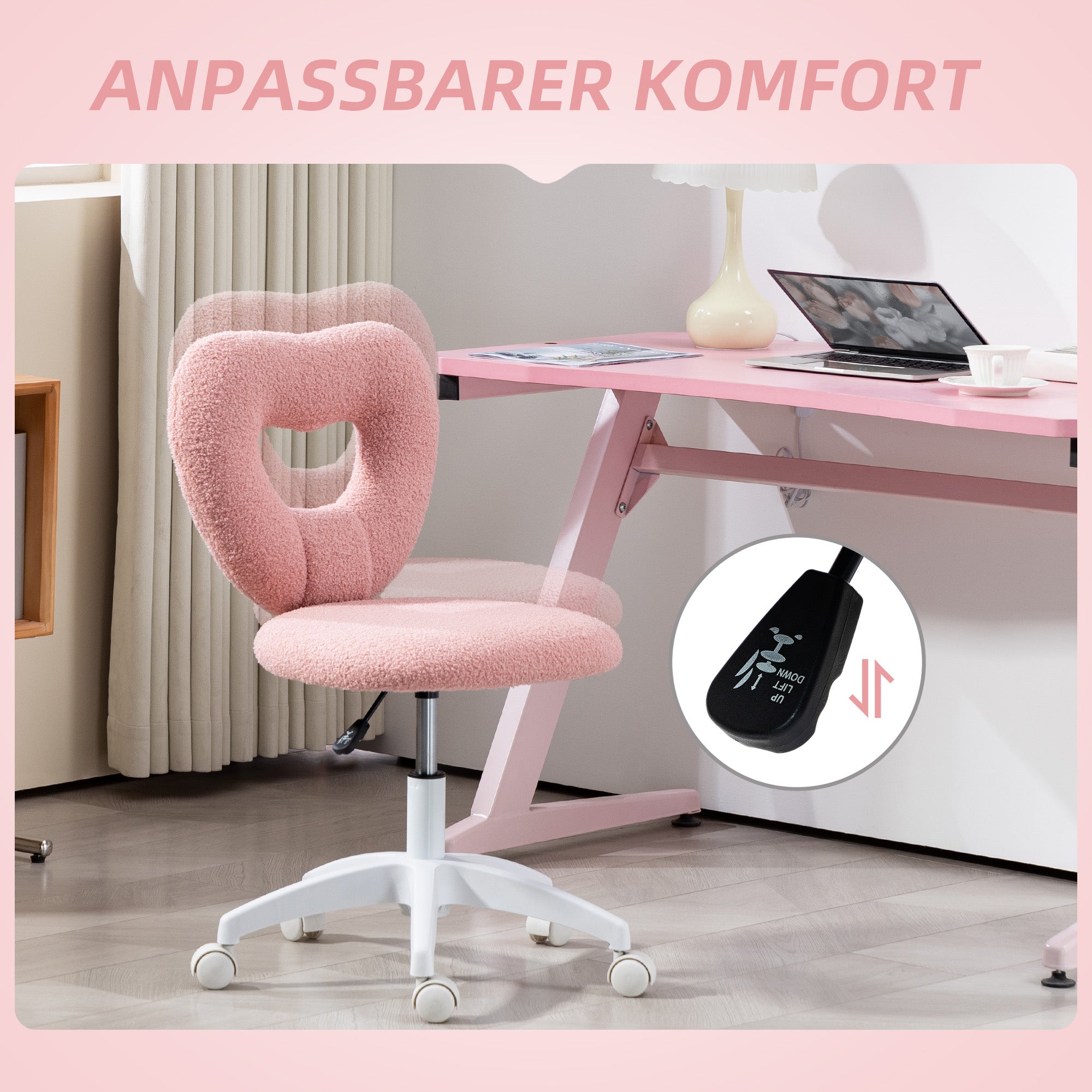 HOMCOM Schreibtischstuhl, Bürostuhl, Herzförmige Rückenlehne, gepolstert, Rosa