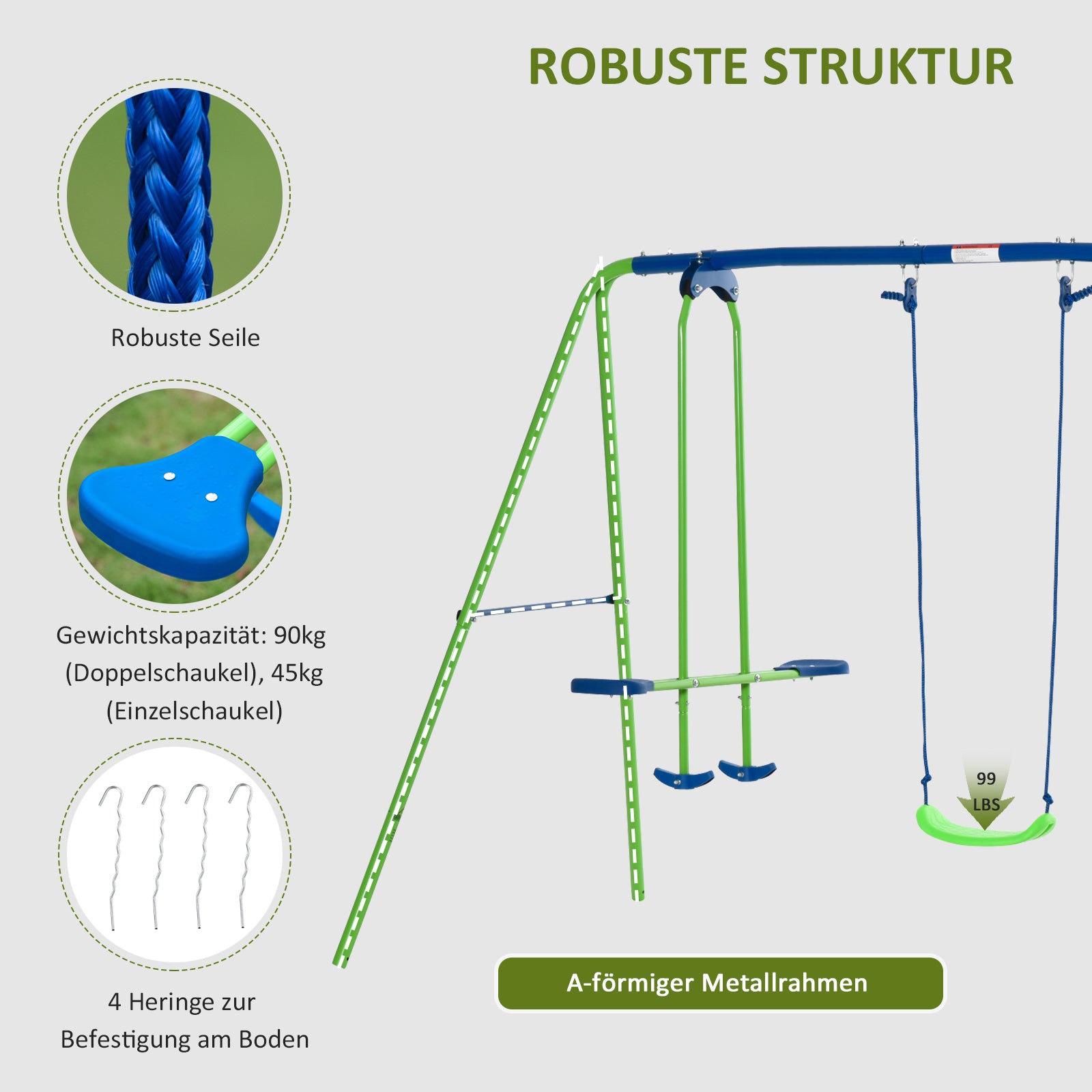 Outsunny Schaukelgestell, Outdoor-Schaukelgerüst mit 2 Schaukeln, Wippe, Kinderschaukel mit Metallgestell, Grün
