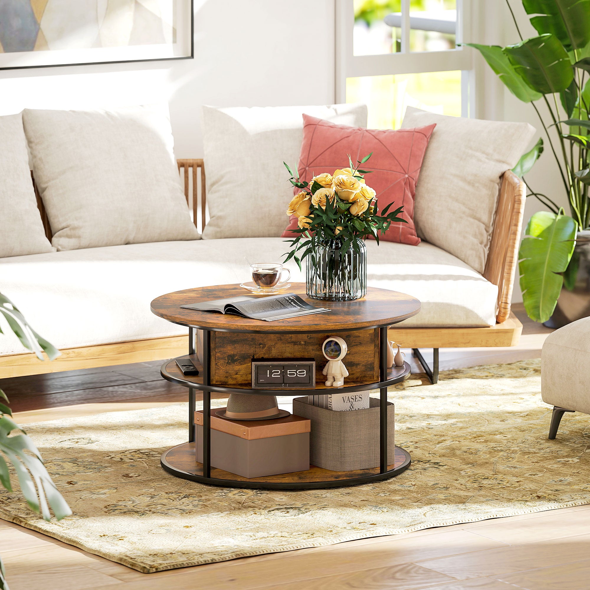 HOMCOM Runder Kaffeetisch mit anhebbarer Tischplatte, Stauraum, seitliche Regale, Stahlrahmen, Couchtisch, Braun