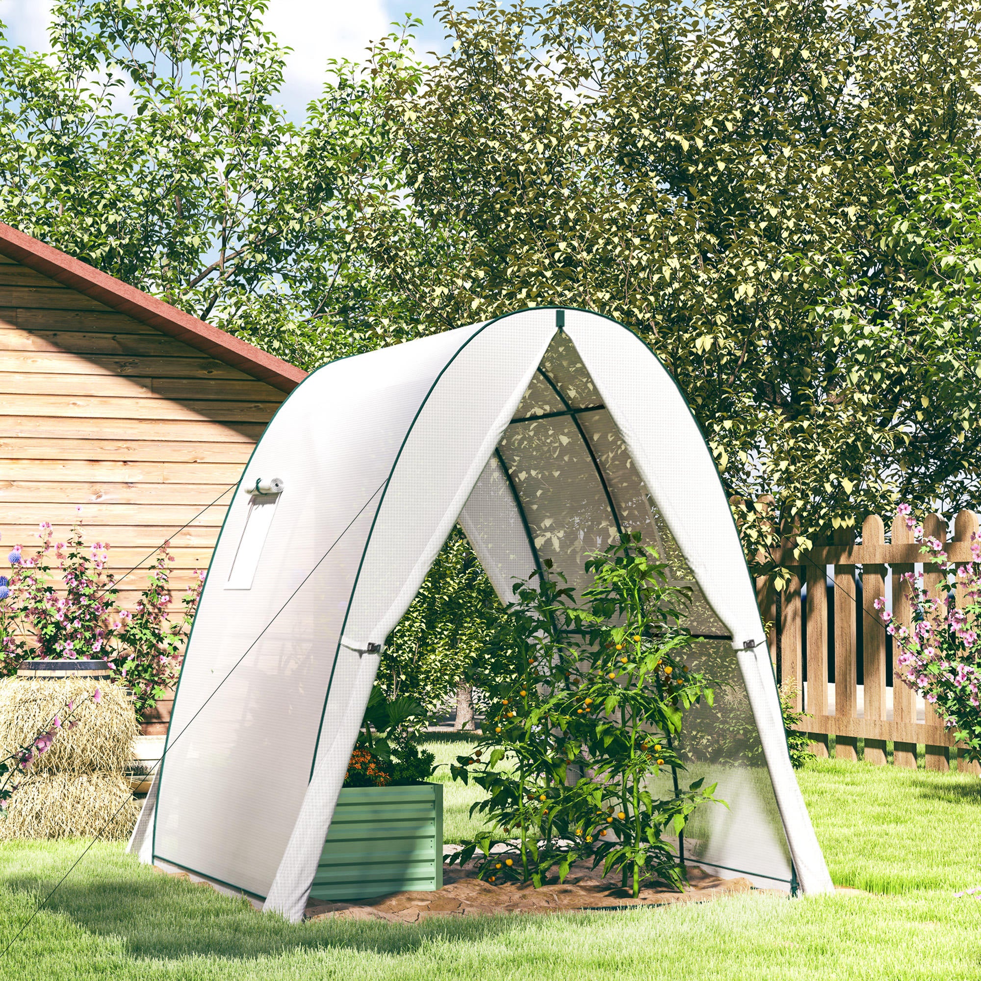 Outsunny Bogen-Gewächshaus mit Sandsäcken und Kunststoff-Abdeckung, 2 Rolltüren, Netzfenster, tragbar, 1,8 x 1,8 x 2 m, Weiß