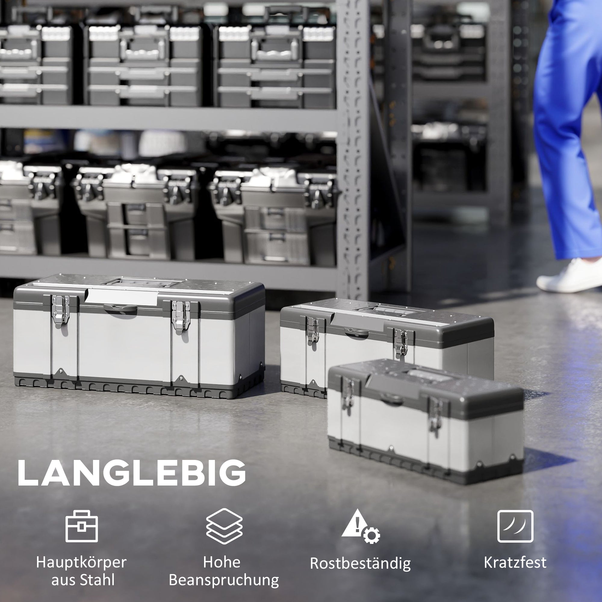 HOMCOM 3-teiliges Werkzeugkasten-Set, Edelstahl, Kunststoff, Silberfarben