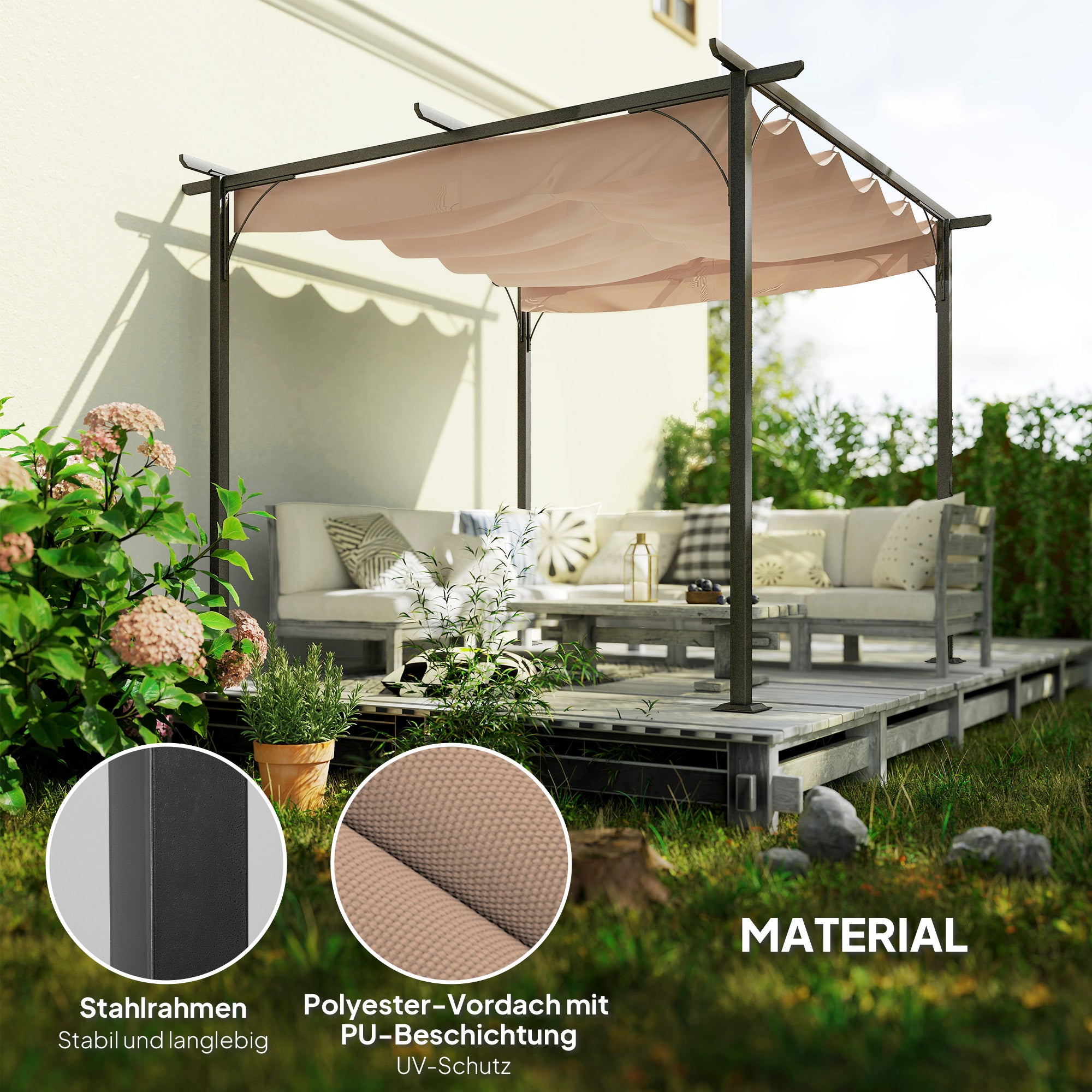 Outsunny Pergola Wasserdichter Pavillon 3 x 3 m Terrassenüberdachung mit Schiebedach, UV-Schutz für Garten Beige