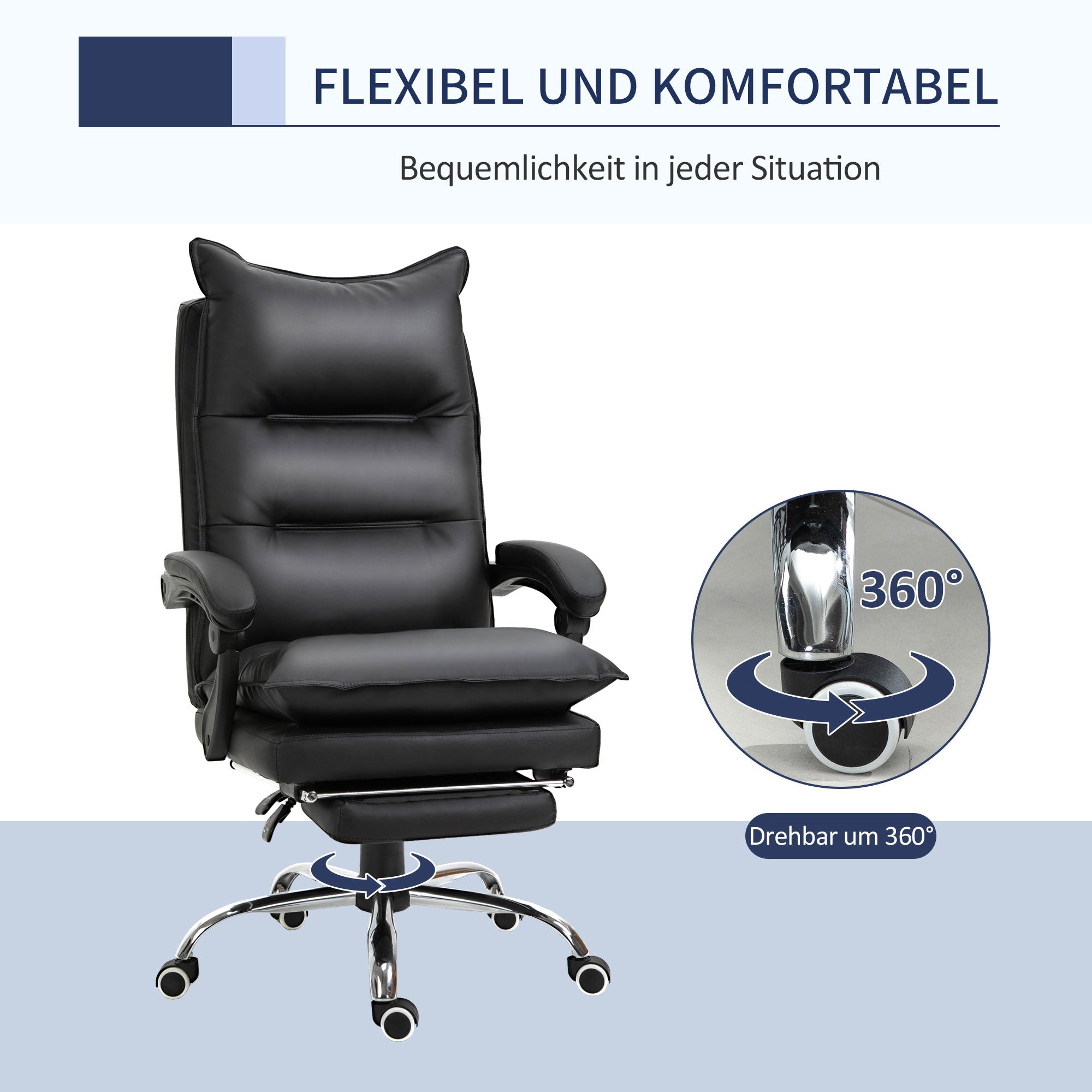 Vinsetto Bürostuhl mit Liegefunktion, ergonomisch Schreibtischstuhl, höhenverstellbar Drehstuhl mit Fußstütze, gepolstert, bis 135 kg belastbar, für Büro, Arbeitszimmer, Schwarz