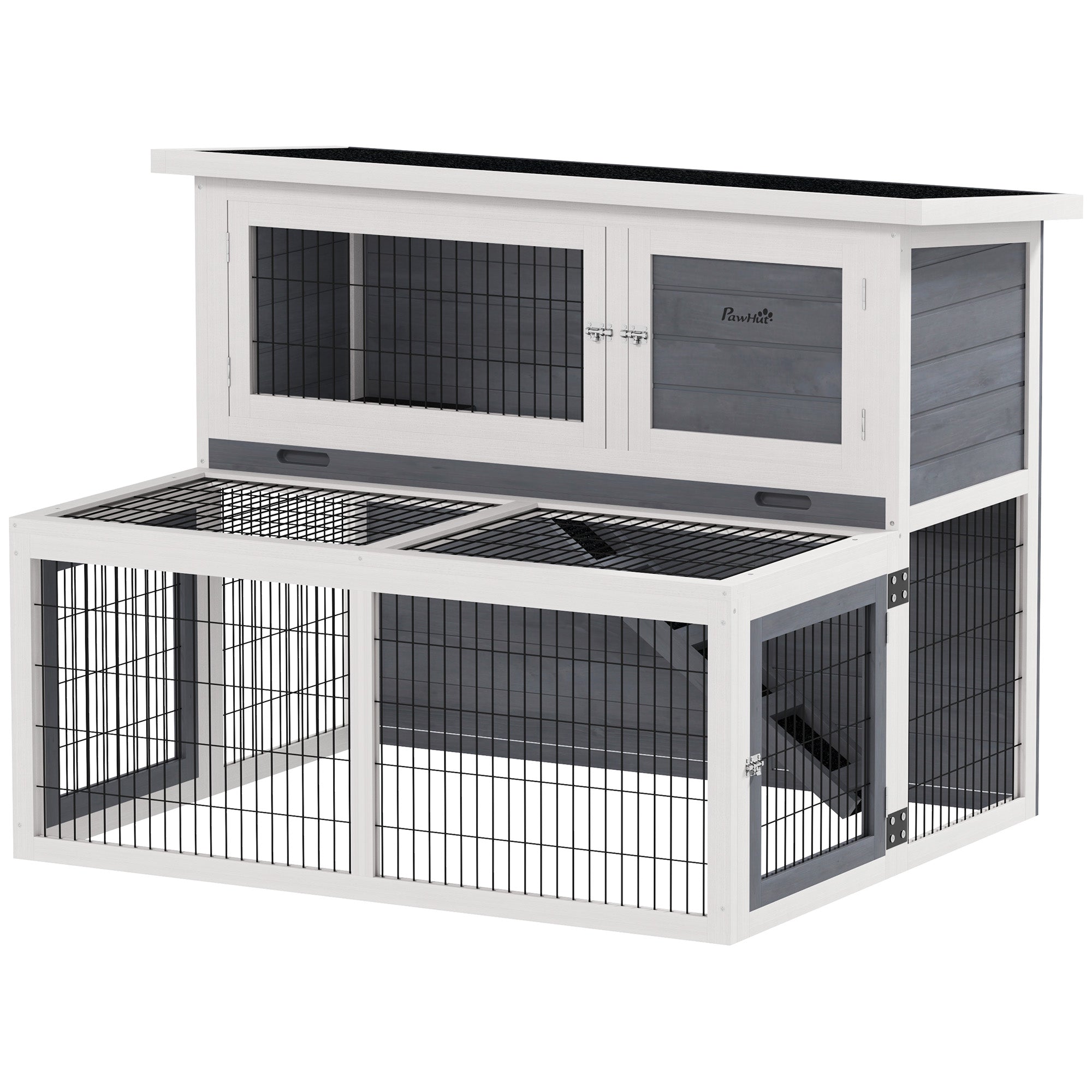 PawHut Hasenstall 2 Ebenen mit klappbar Dach Kaninchenstall aus Vollholz Winterfest Doppelstockhaus 122x95x93,5 cm Grau