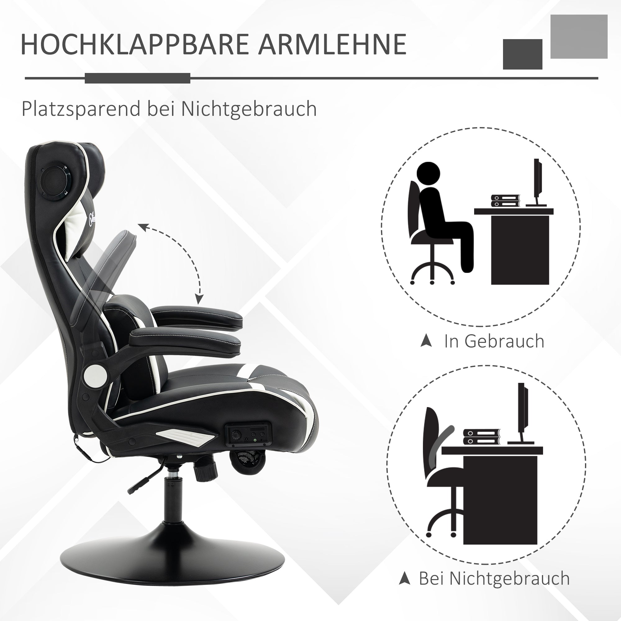 Vinsetto Gamingsessel, Gamingstuhl, integrierte Lautsprecher, neigbare Rücklehne, schwarz+weiß, 69 x 73 x 118cm