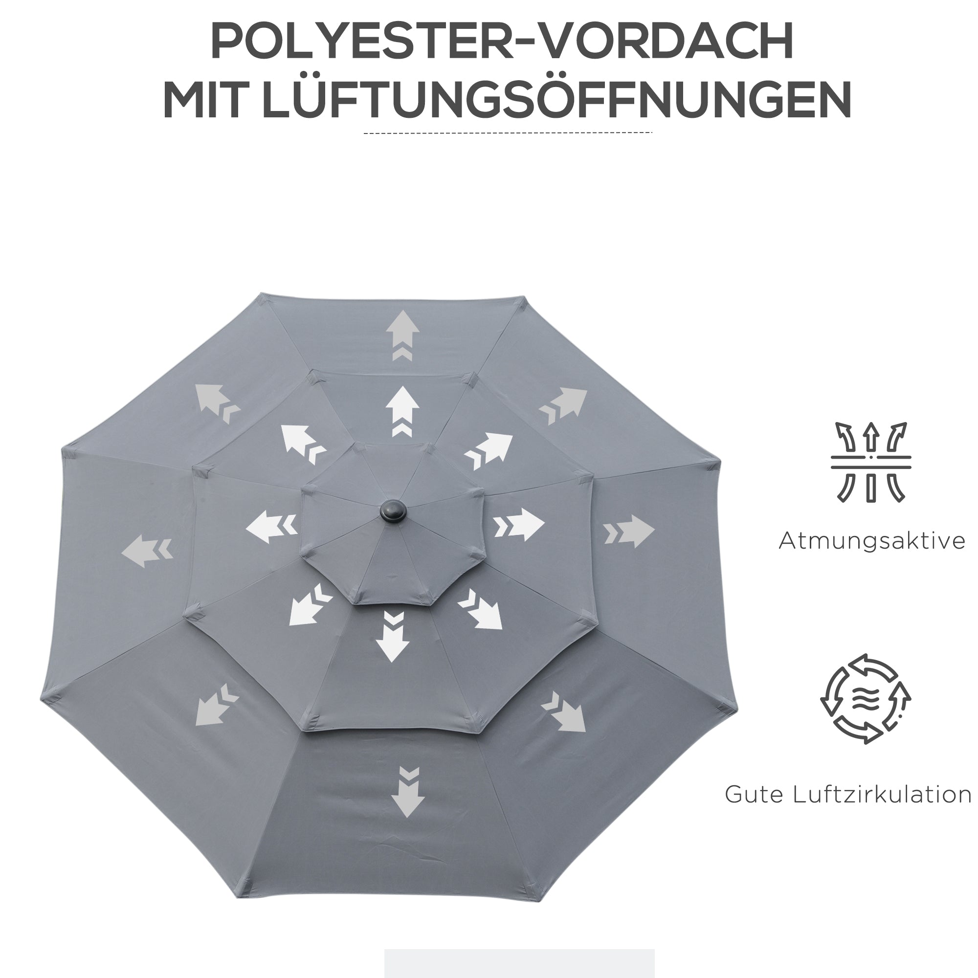 Outsunny 2,6 m Sonnenschirm mit 3-stufigem Dach Handkurbel Terrassenschirm drehbar Marktschirm 8 Rippen Gartenschirm mit Sonnenschutz Stahl Polyester Dunkelgrau