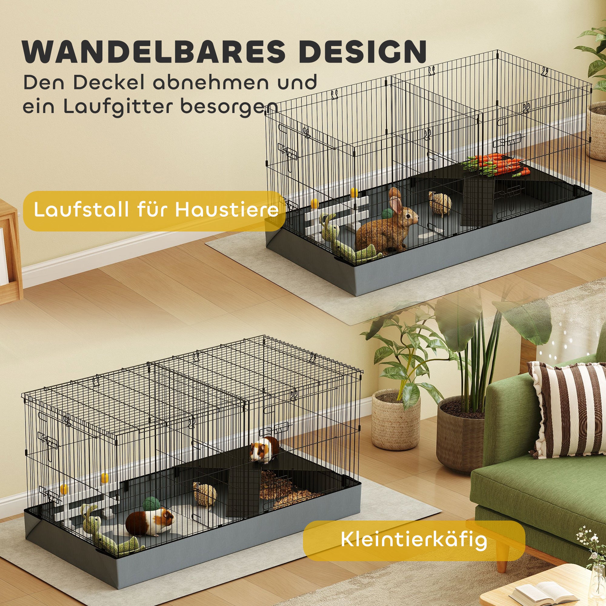 PawHut 2-in-1-Zwerghamsterkäfig, Kleintierkäfig, Stoffboden, Sitzstangen, Rampe, Schwarz