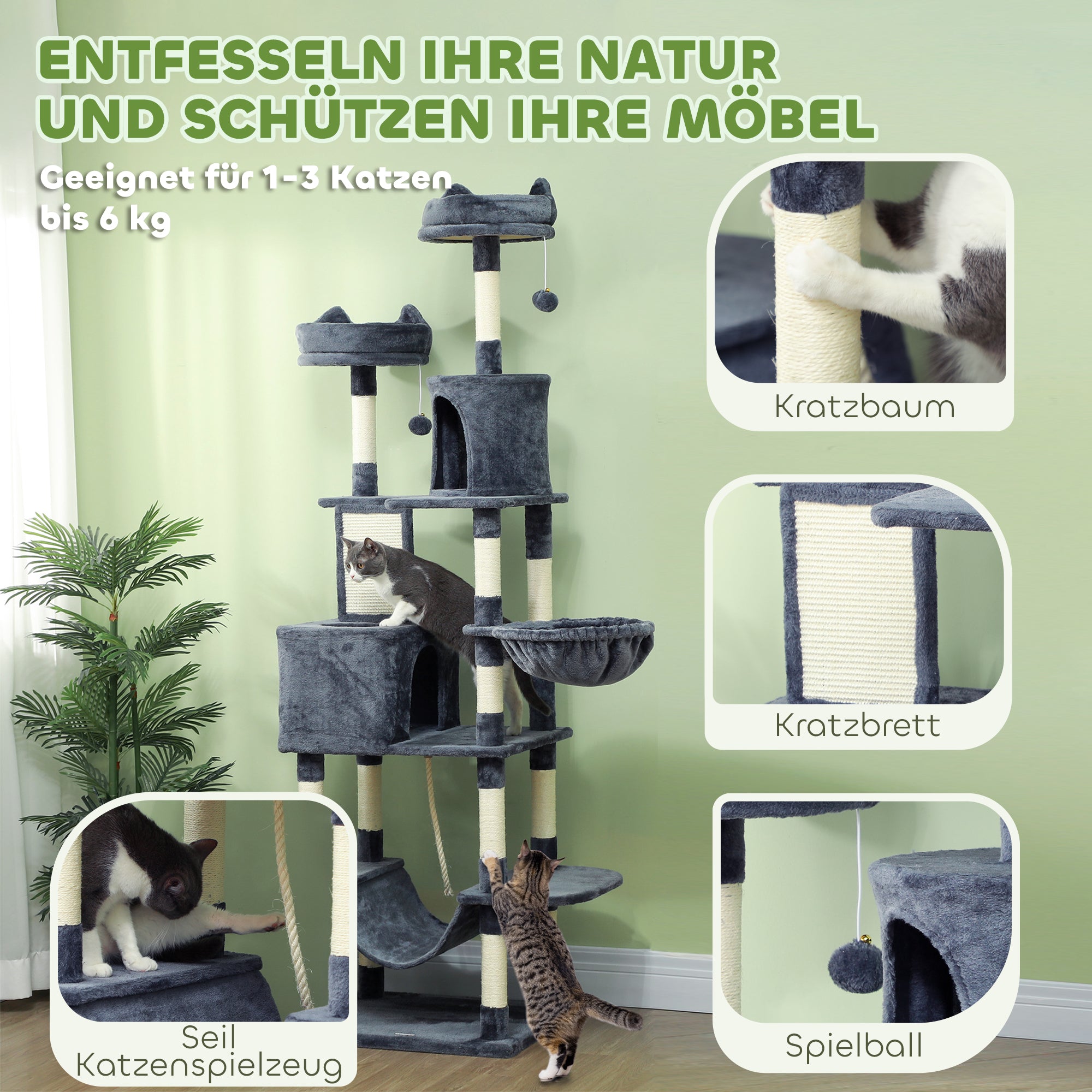 PawHut Kratzbaum 206 cm Katzenturm mit Höhle, 2 Spielballen, Sisalstämme, Plattform für große Katzen, Dunkelgrau