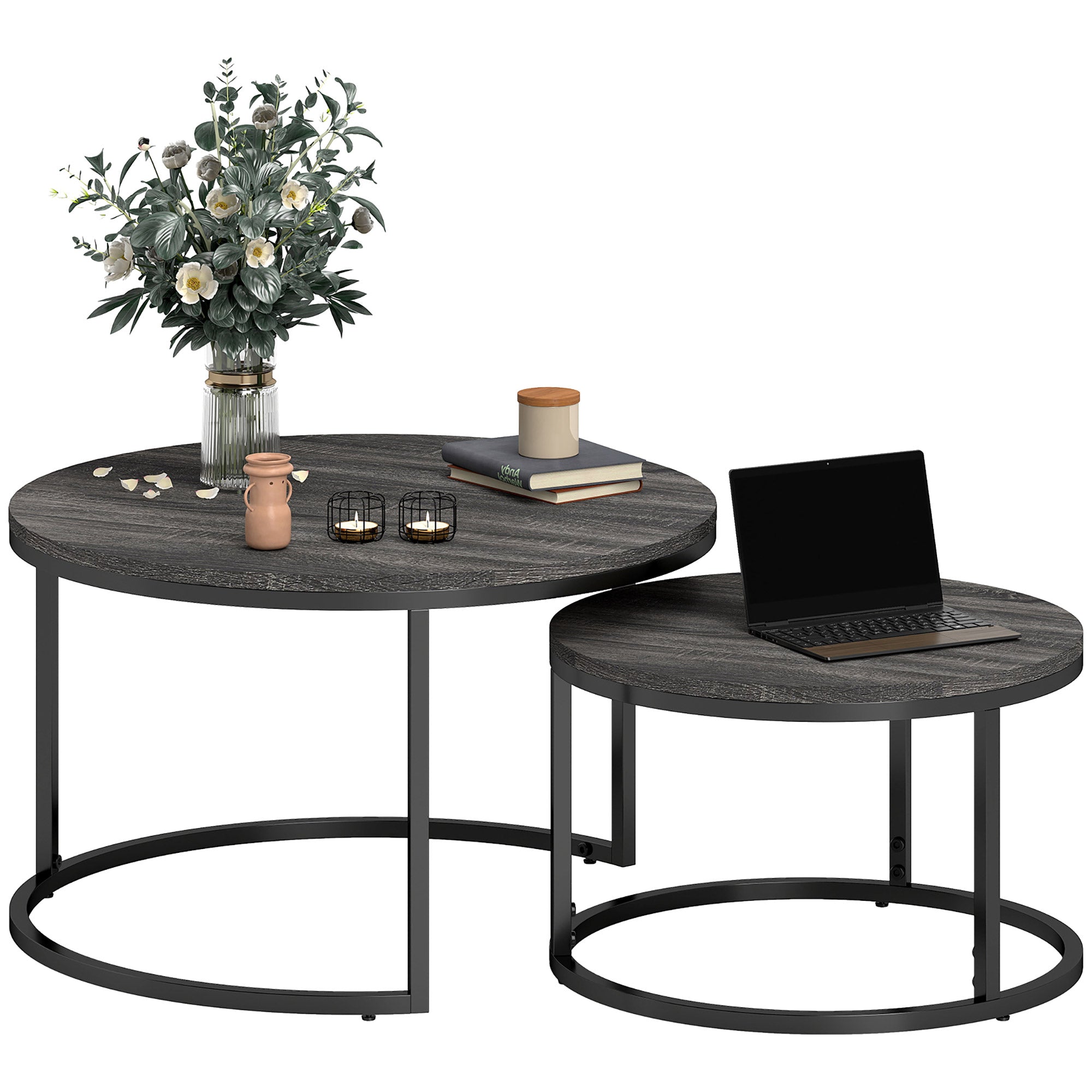 HOMCOM Couchtisch 2er-Set, Beistelltisch mit Metallgestell, Sofatisch, stapelbar, Kaffeetisch, Wohnzimmer, Schlafzimmer, Schwarz
