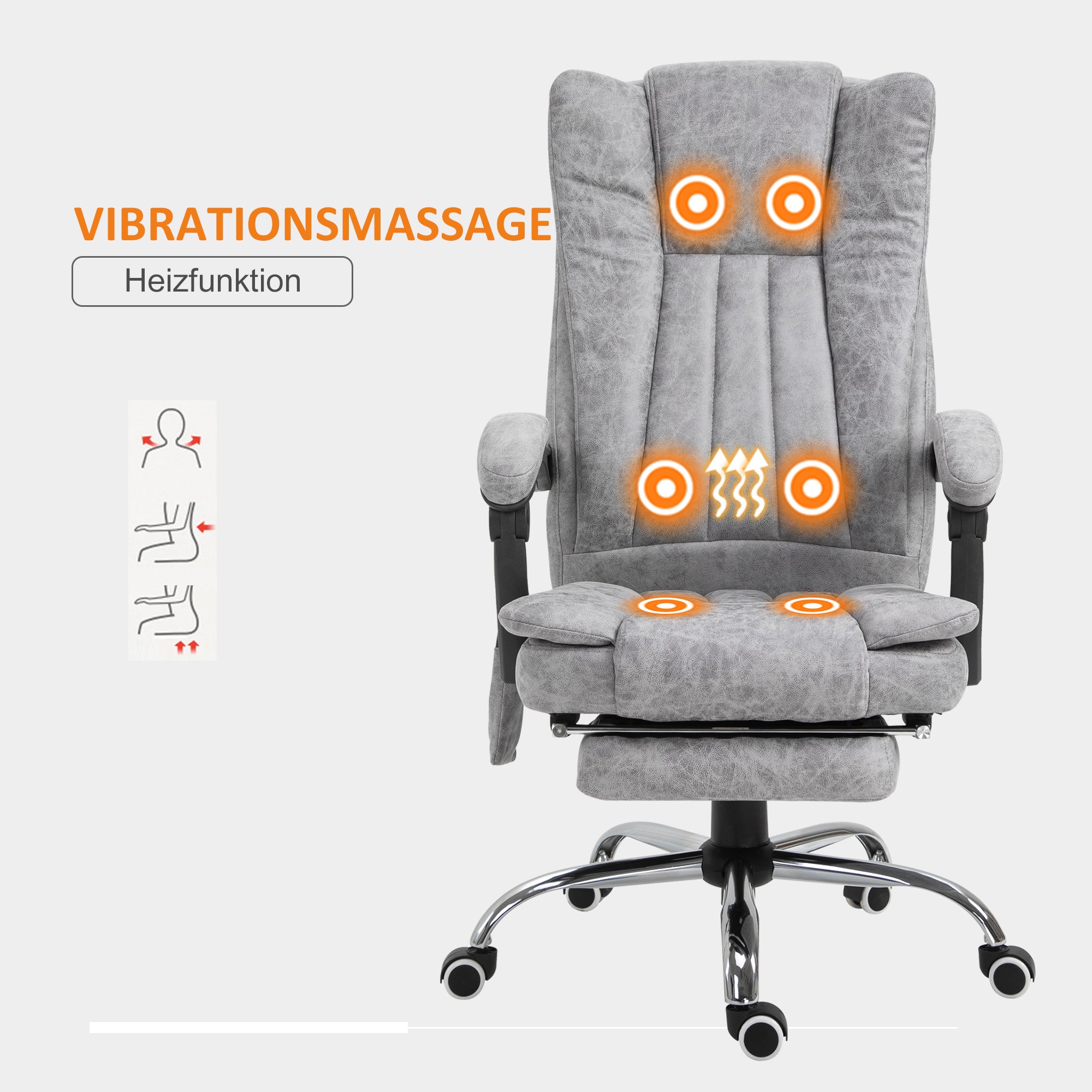 Vinsetto Bürostuhl mit Massagefunktion, Ergonomischer Schreibtischstuhl mit Heizfunktion, Liegefunktion, Höhenverstellbarer Drehstuhl mit Fußstütze, Seitentasche, Grau