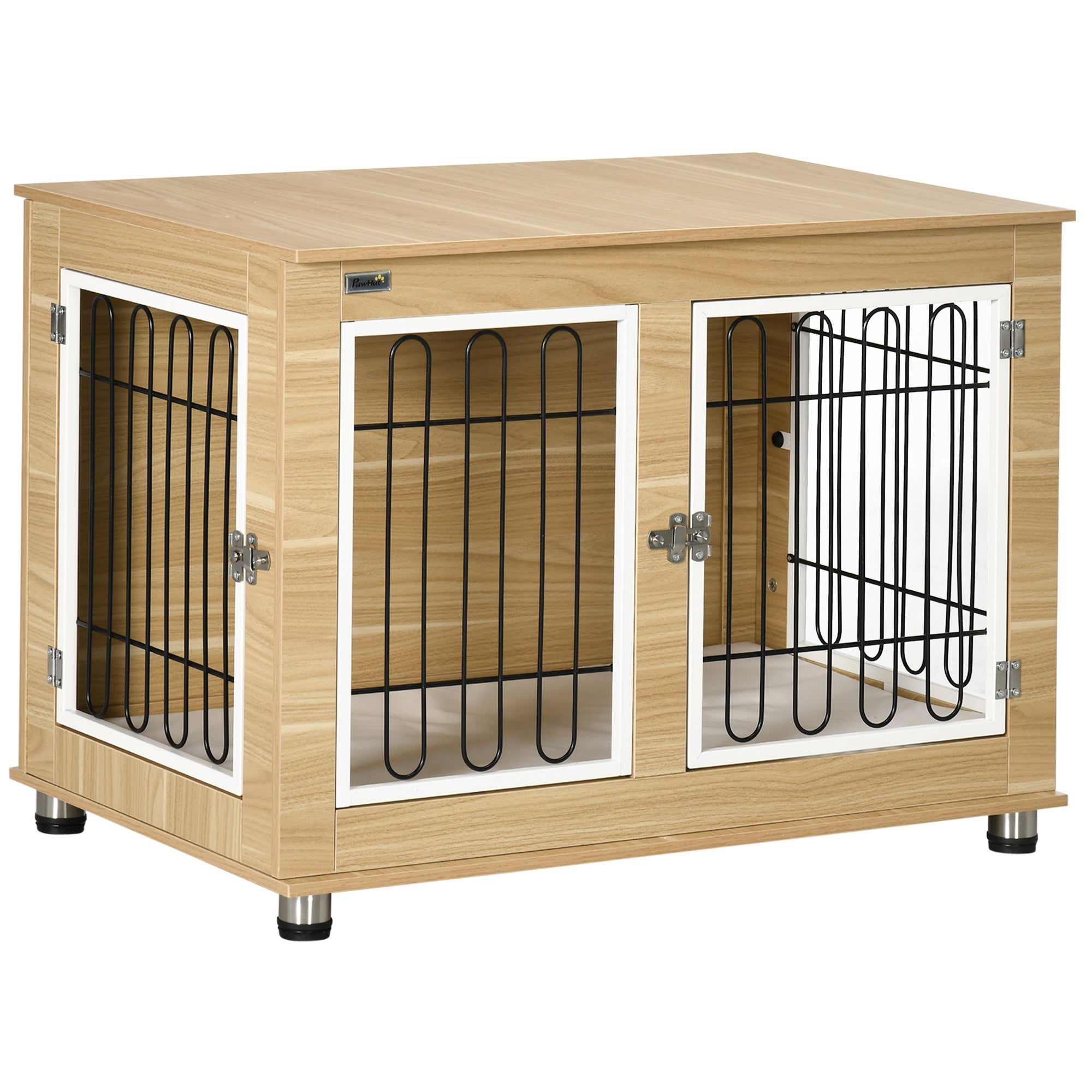 PawHut Hundekäfig, waschbares Kissen, Hundebox, 2 Verriegelungen, 90 cm x 58 cm x 65 cm, Natur + Schwarz + Weiß