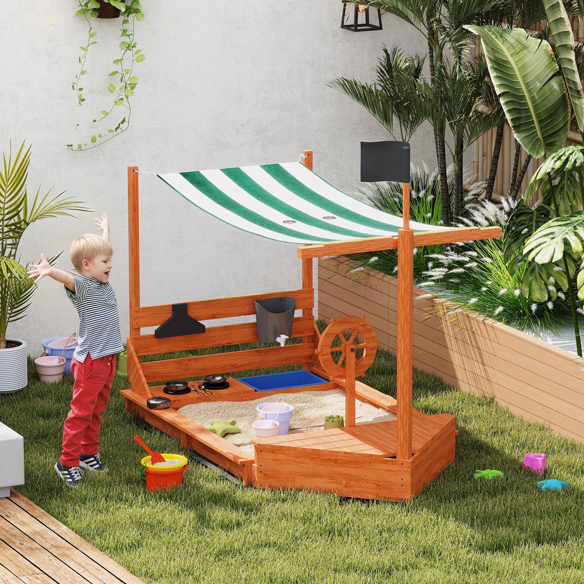Outsunny Sandkasten mit Sonnendach Piratenschiff, inkl. Kinderküchenspielset, Massivholz, 180 x 103 x 144,5 cm, Grün