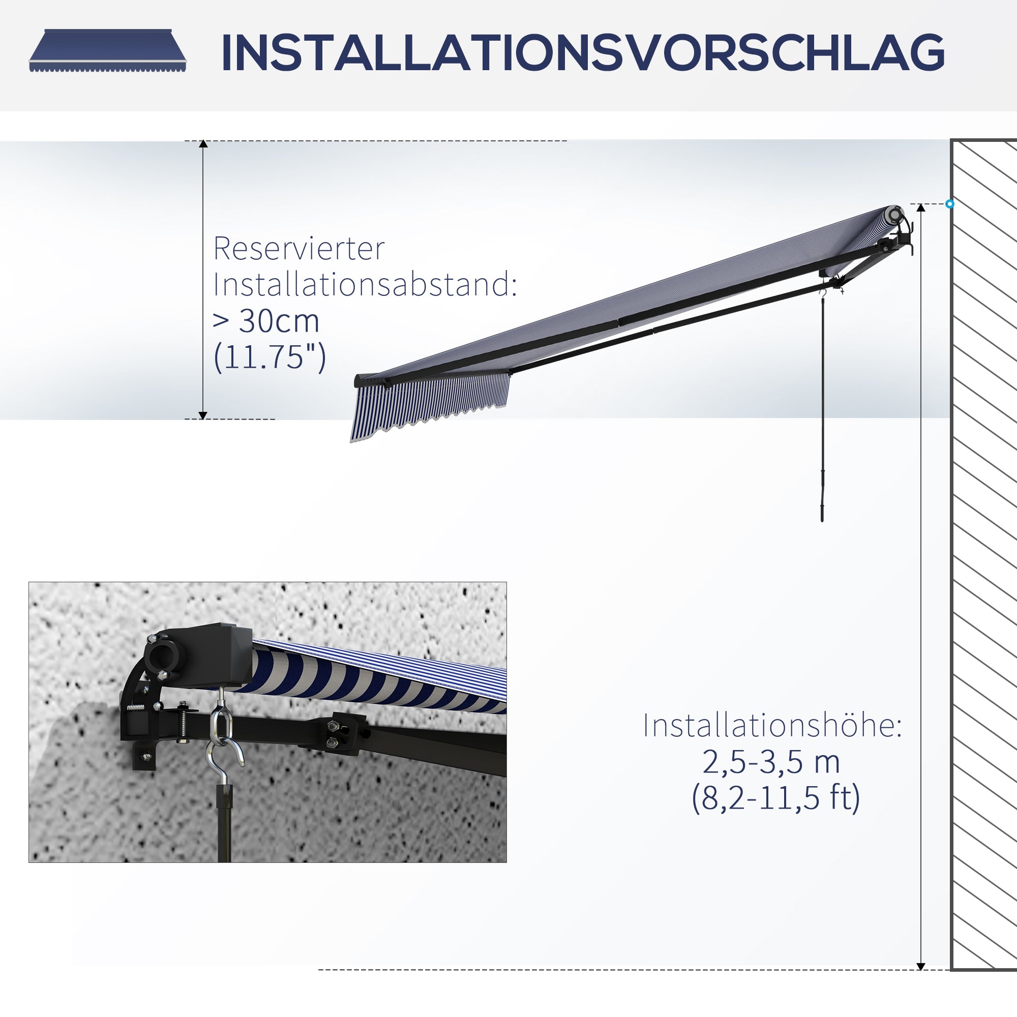 Outsunny Sonnenmarkise Markise Terrassenmarkise, inkl. Handkurbel, wetterbeständig, 350 cm x 290 cm, Blau + Weiß