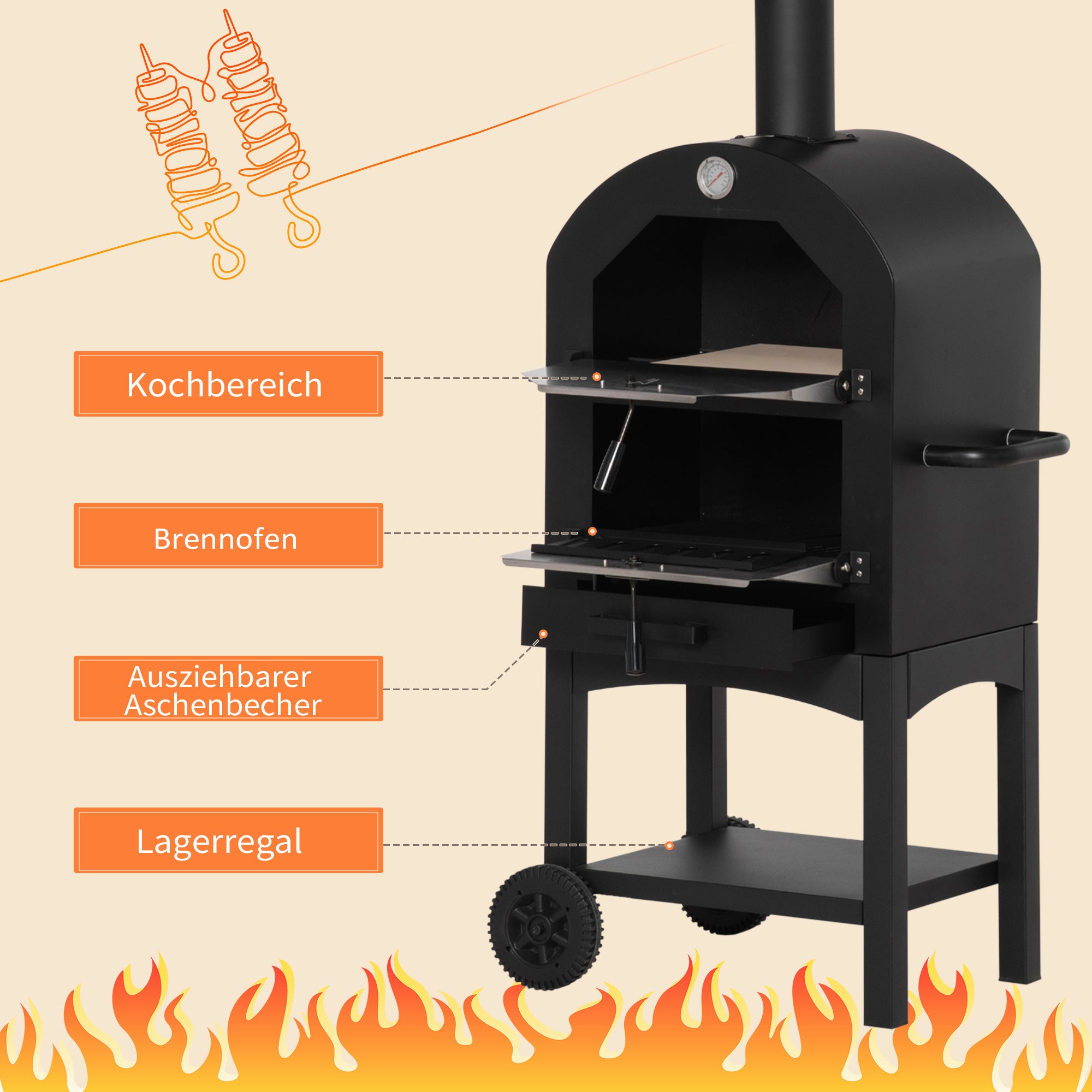 Outsunny 2-In-1 Pizzaofen Outdoor mit Rollen Grillofen mit Schutzhülle Pizzaschaufel 2 Grillnetzen Grillwagen mit Schornstein 3-Tier Holzbackofen für BBQ Stahl Schwarz+Silber 63 x 54 x 161 cm