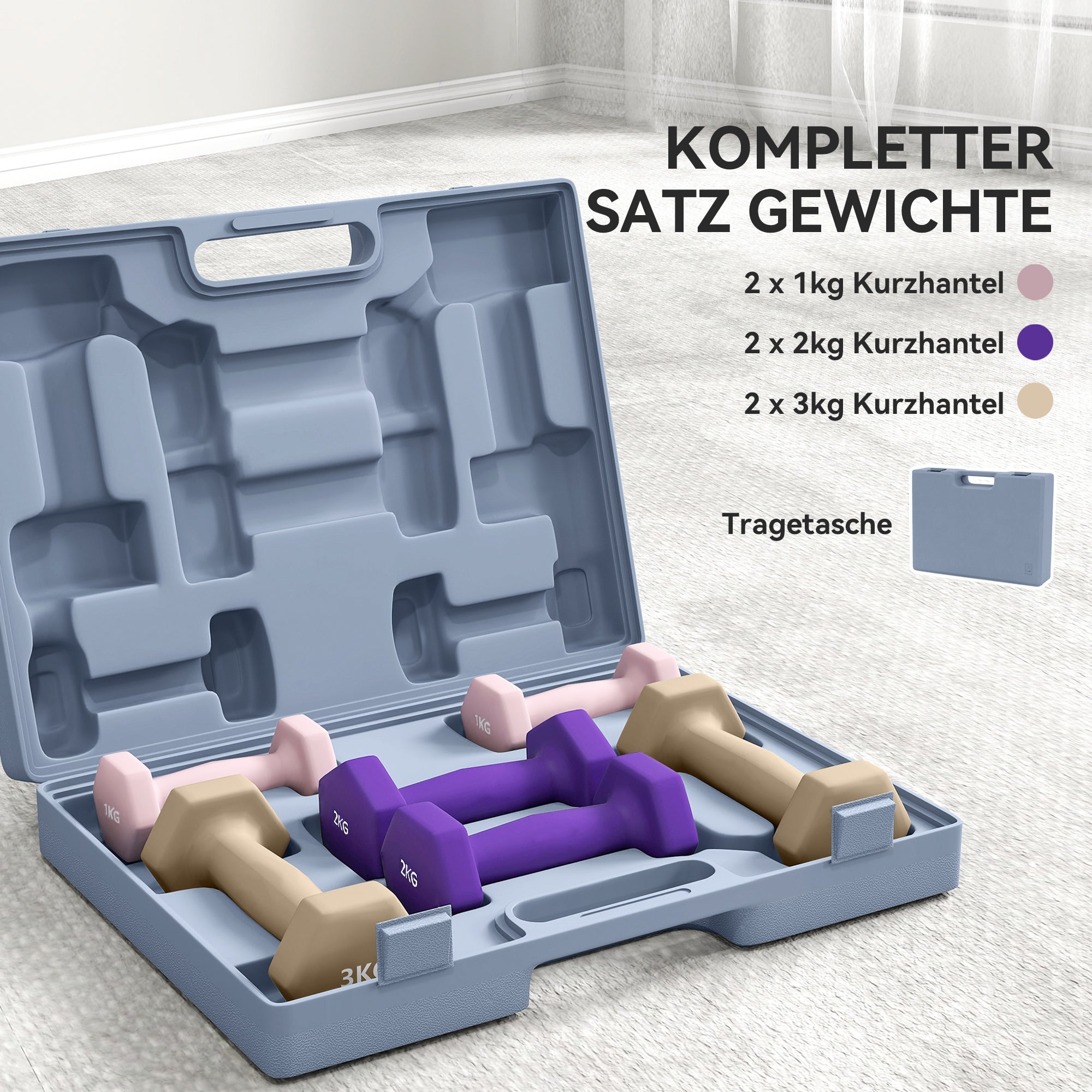 SPORTNOW Hantelset, 6er Set Hanteln mit Gewichten, Kurzhantelset aus Stahl, 1kg, 2kg, 3kg