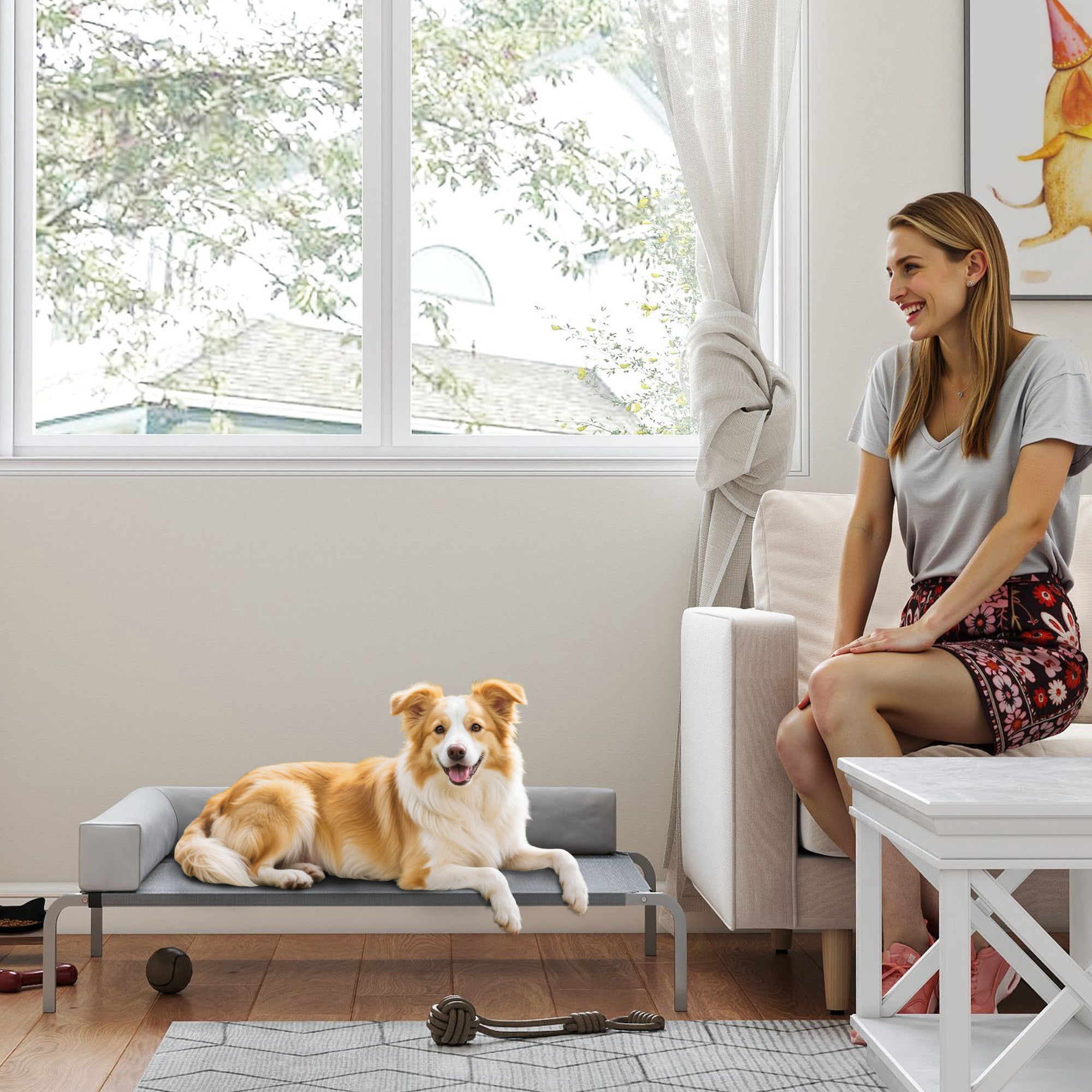 PawHut Hundeliege Outdoor, Erhöhtes Hundebett für Mittelgroße Hunde, mit L-förmige Kissen 110x75x30cm, Hellgrau