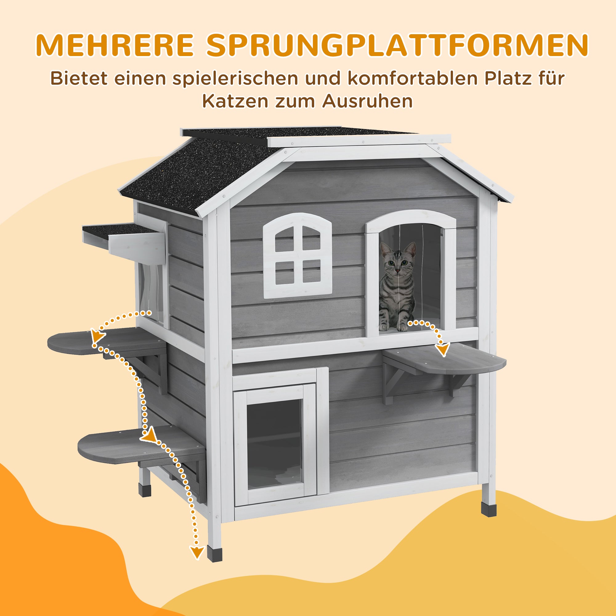 PawHut Katzenhaus aus Holz 2-Etagen Winterfest wasserdicht Katzenhütte mit Asphaltdach klappbarem Deckel Treppe Katzenhöhle Outdoor Schutzhütte für Draußen Garten Balkon 78 x 55,5 x 91 cm Grau