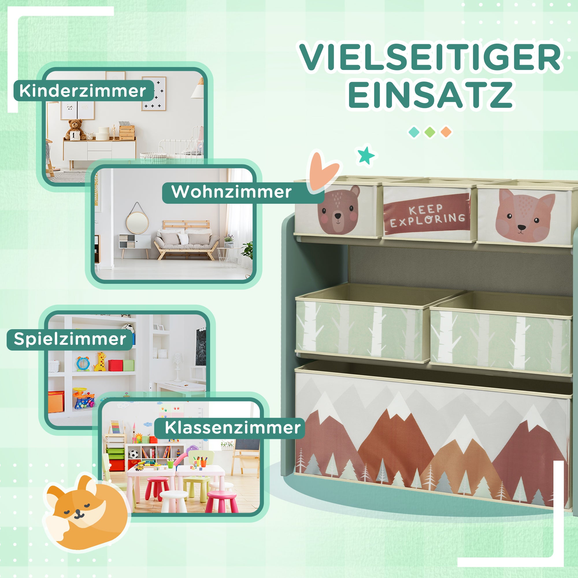 ZONEKIZ Kinderschrank mit 6 Stoffboxen, niedliches Motiv, 63x30x66 cm, Grün