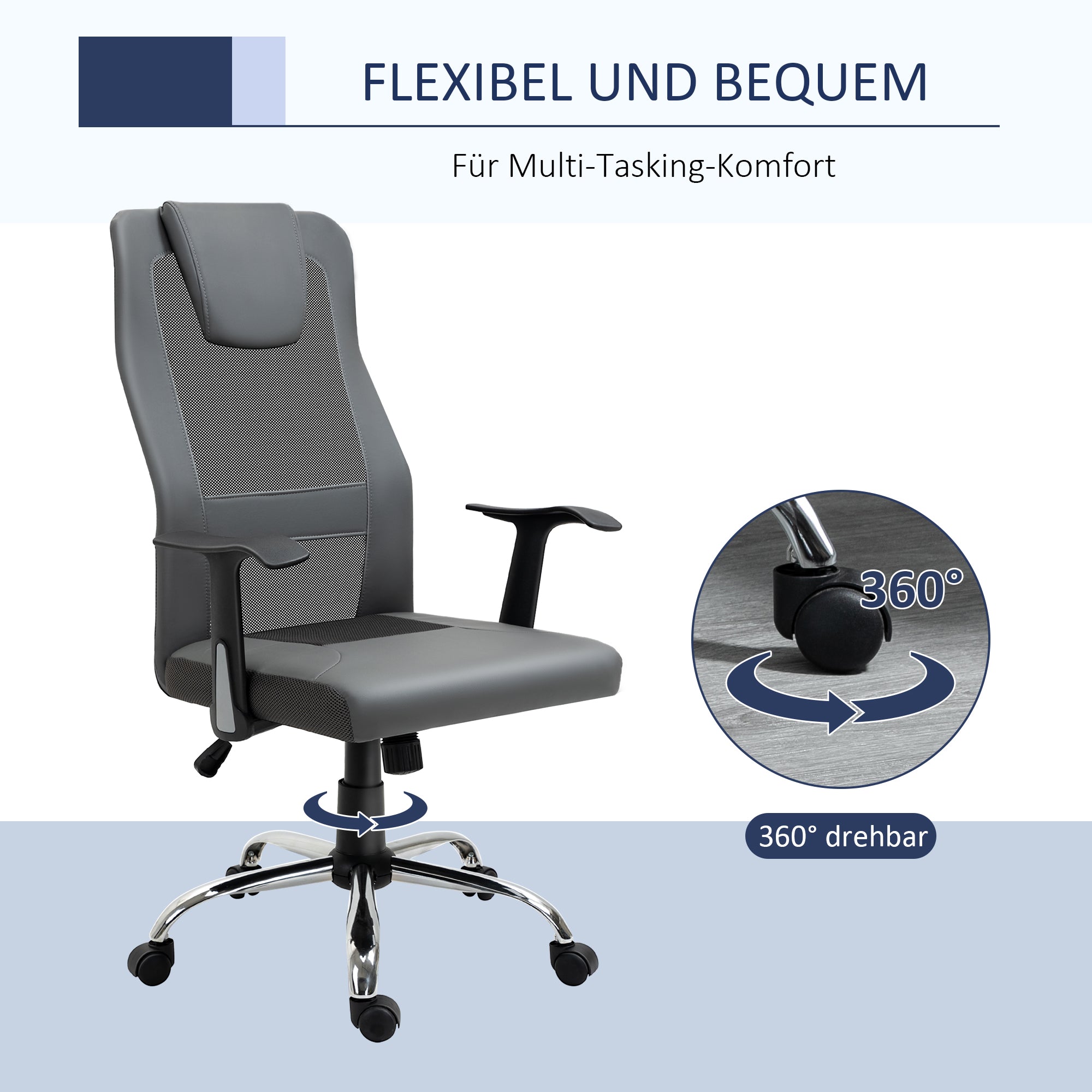 Vinsetto Bürostuhl Drehstuhl höhenverstellbar Chefsessel Schreibtischstuhl ergonomisch Kunstleder Grau 66 x 73 x 108-118 cm