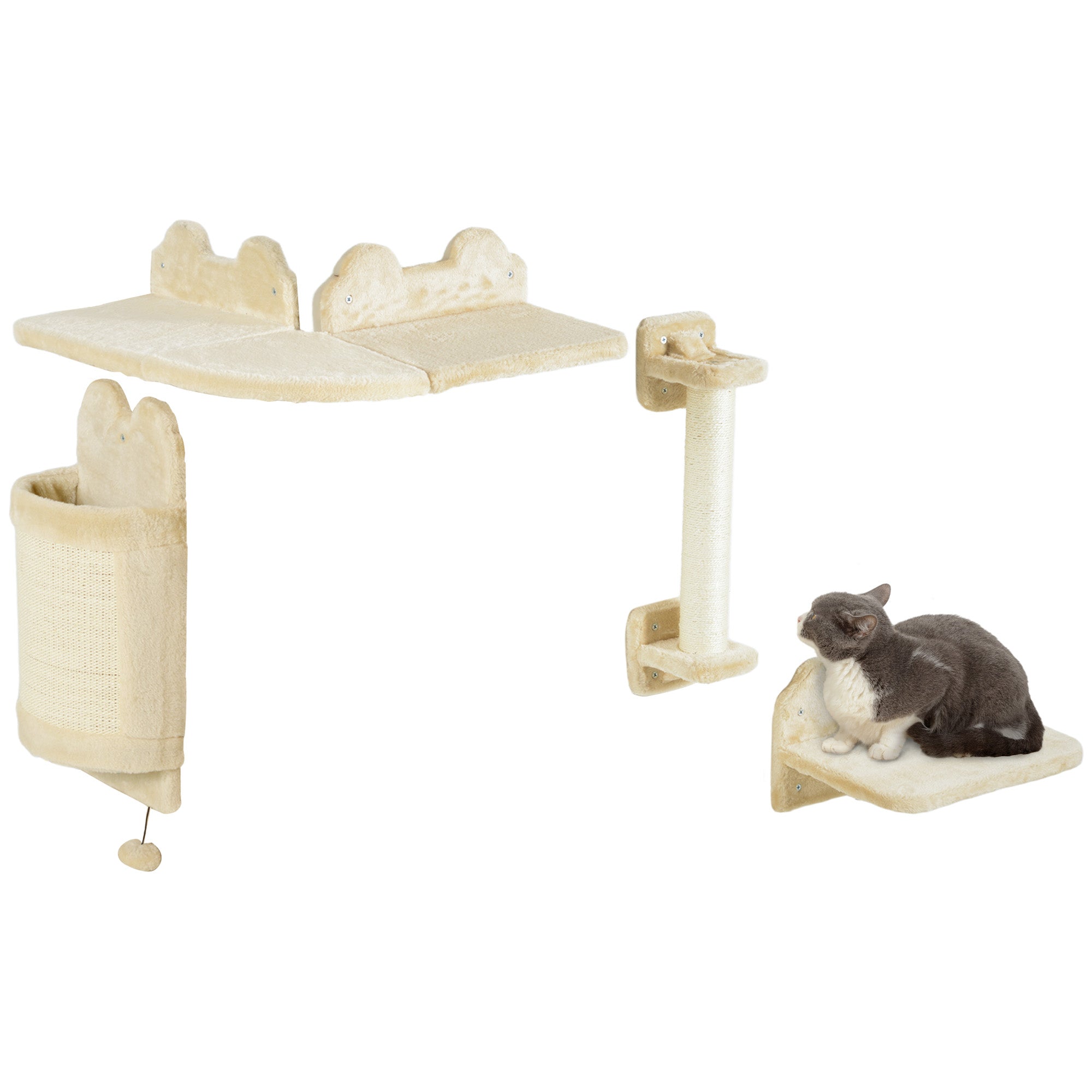 PawHut Katzentreppen-Set, 4-teilig, Kletterwand, Kratzbaum, Plüschbezug/Sisal, Beige