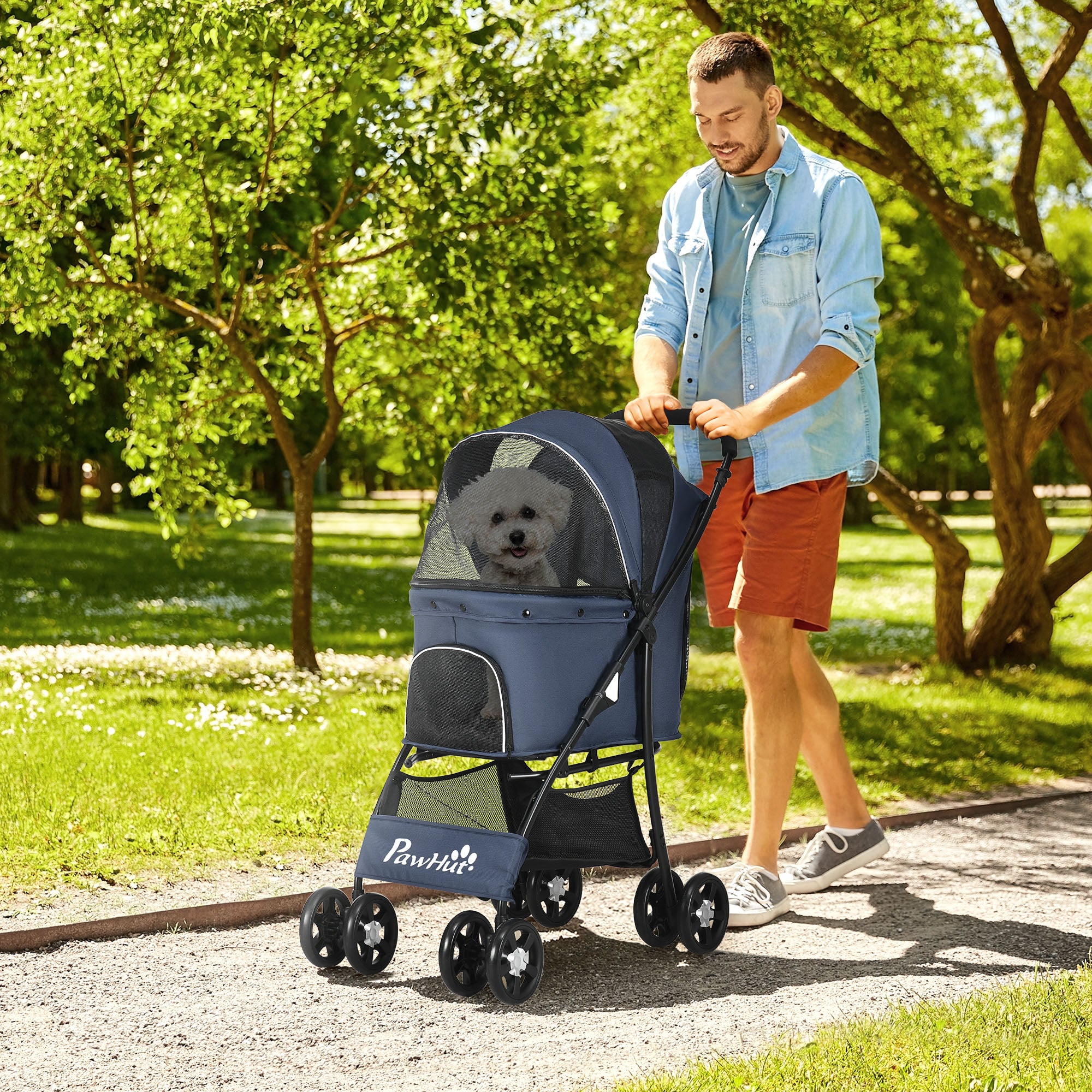 PawHut Hundewagen Hundebuggy bis 10 kg Klappbar Bodenkorb Kissen Seitentasche 81 cm x 48 cm x 99 cm Grau