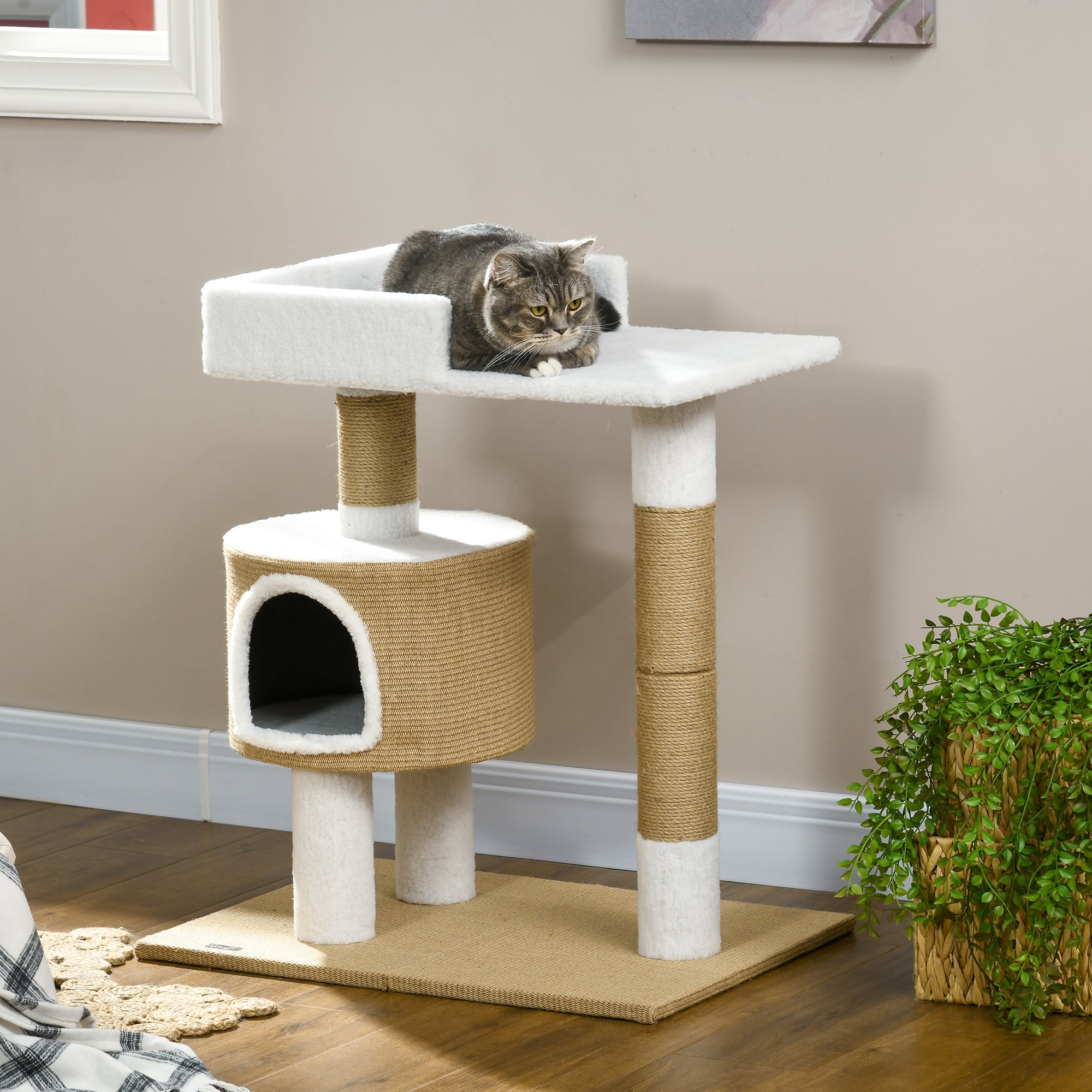 PawHut Kratzbaum Katzenbaum Katzenhöhle, 1 Katzenhöhle, 1 Liegefläche, 70 cm x 49 cm x 79 cm, Natur + Weiß