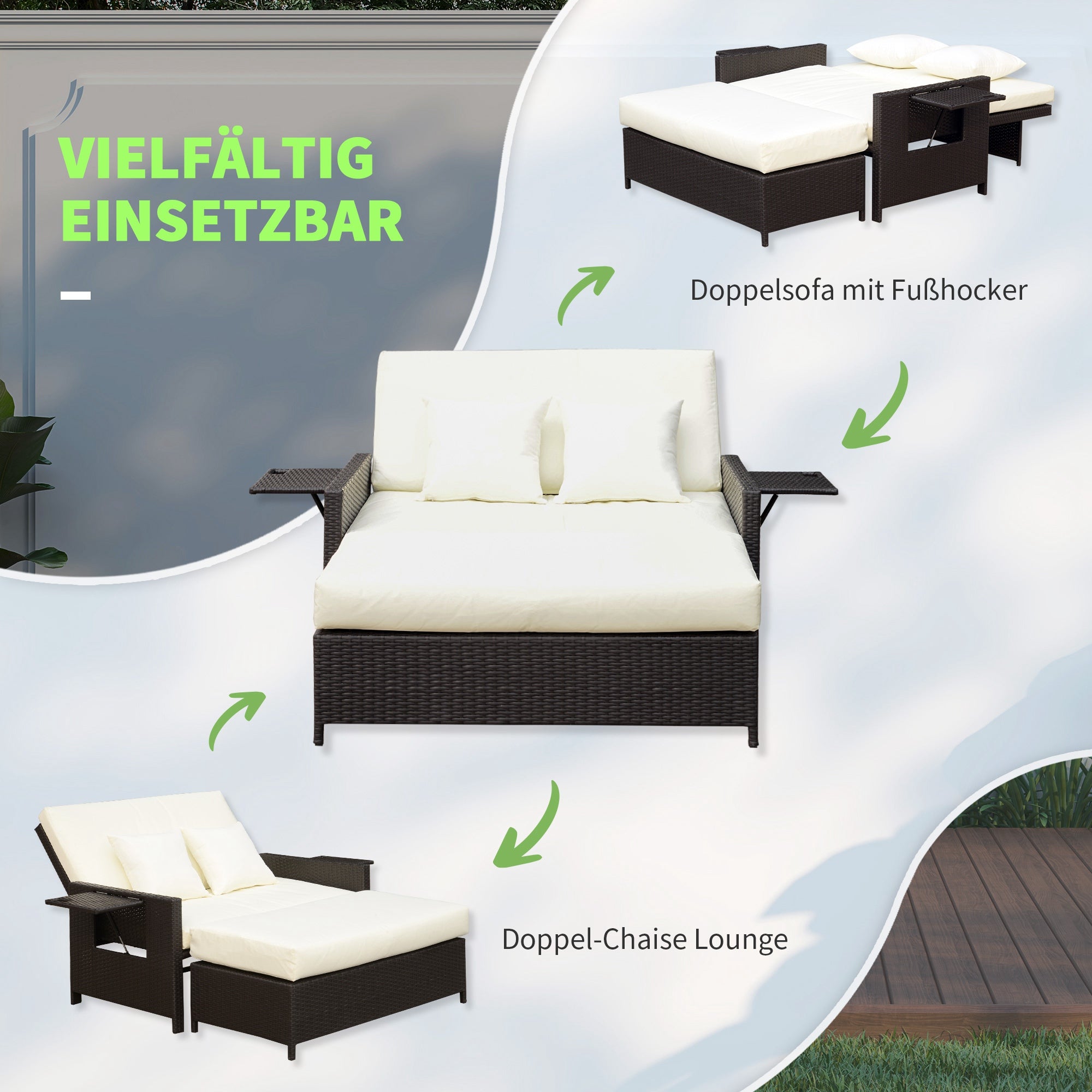 Outsunny Gartensofa mit Liegefunktion, ausfahrbare Fußbank mit Stauraum, Sitzkissen, braun+creme, 130 x 72 x 96 cm