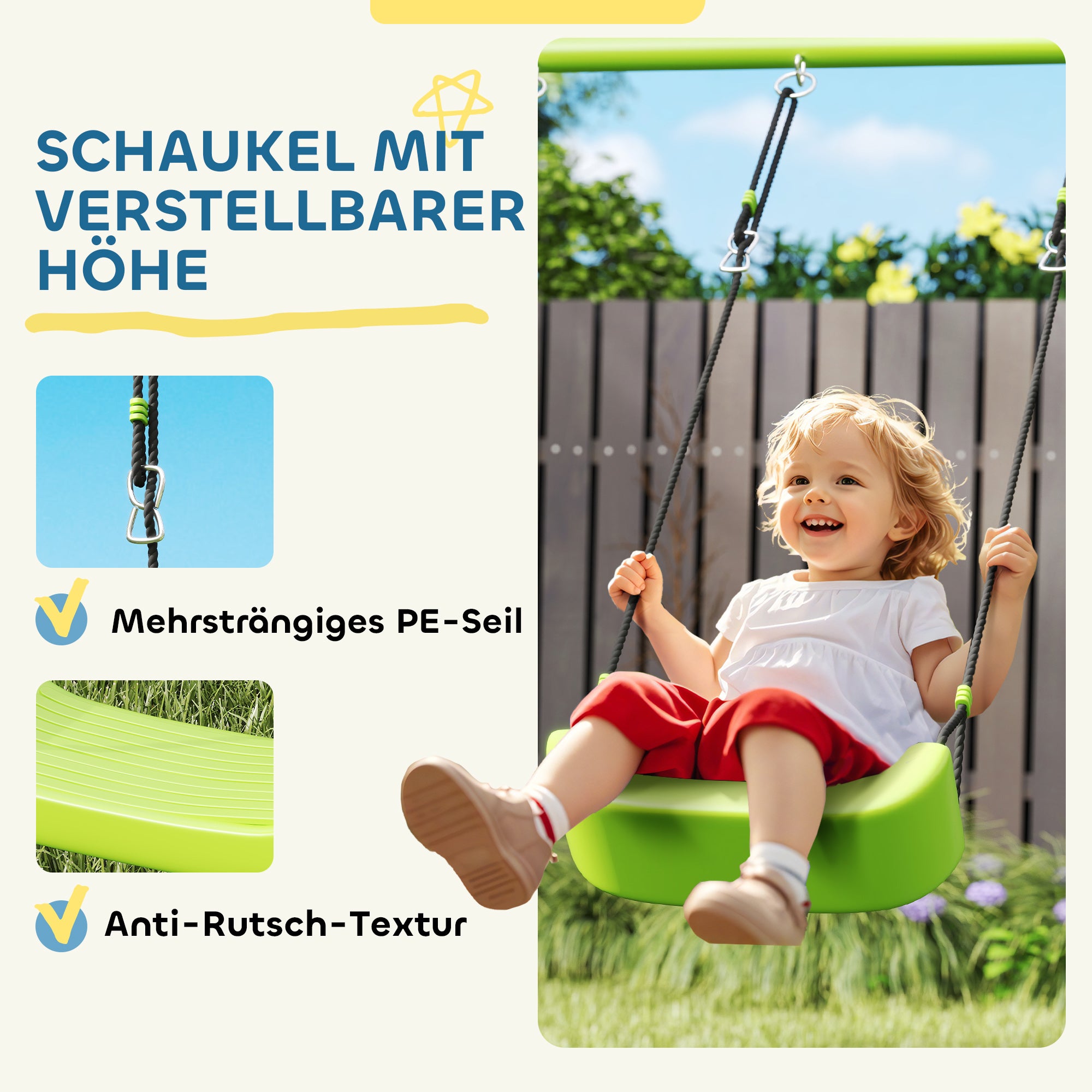 AIYAPLAY 3-in-1 Schaukelset, Spielzelt, Schaukel, Turnringe, Metall, Kunststoff, Grün