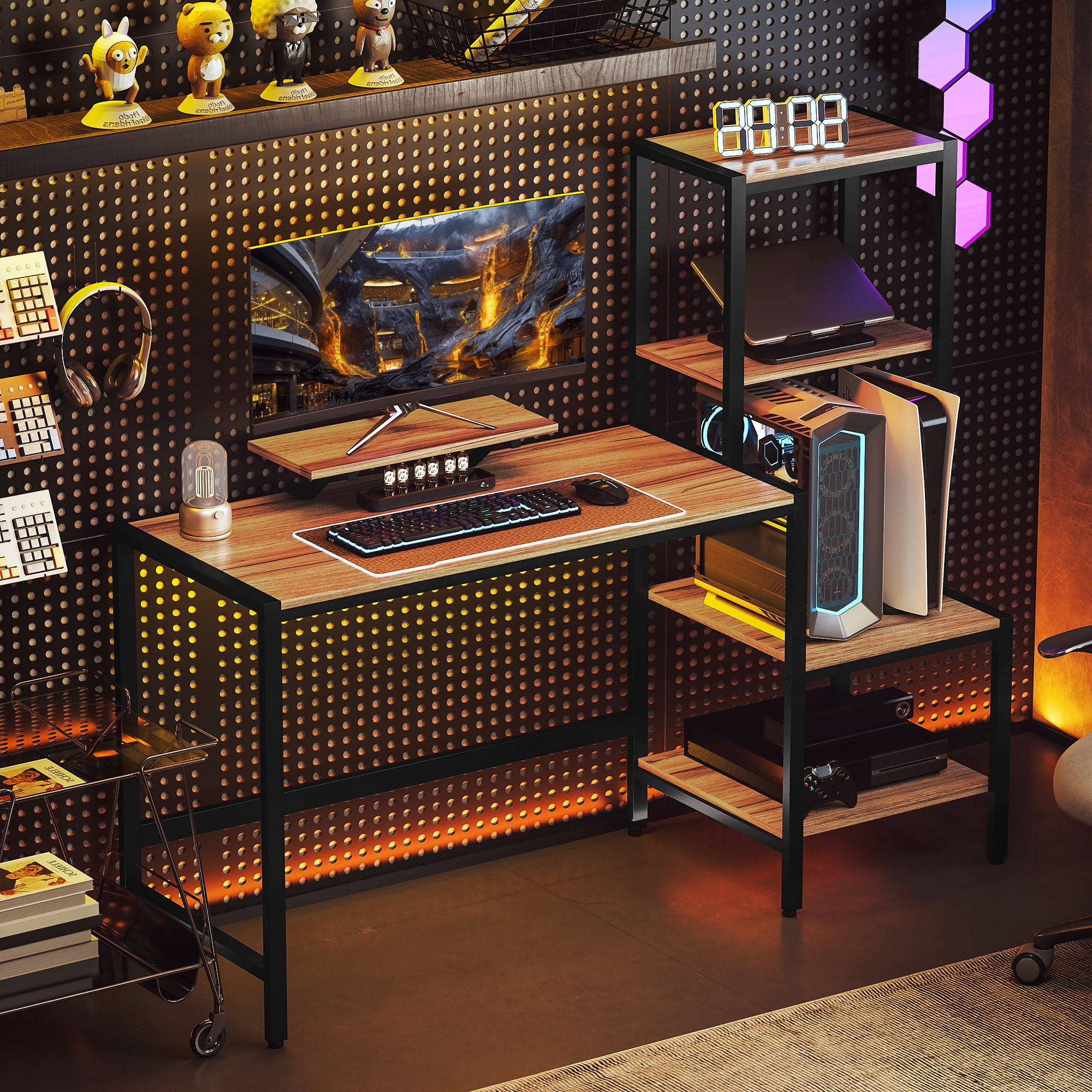 HOMCOM Computertisch mit Monitorständer, Schreibtisch mit 4-stufigem Regal, Industrielles Design, Braun