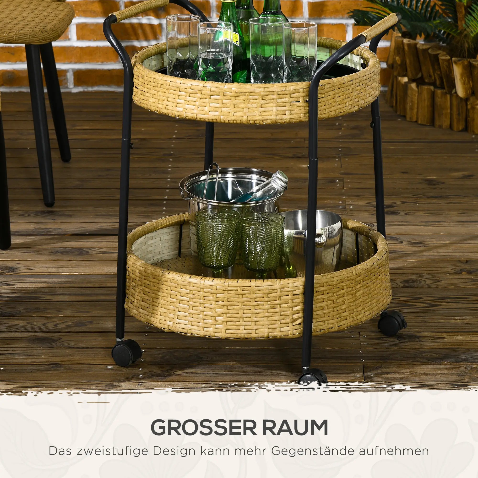 Outsunny Outdoor Servierwagen, 2 Etagen, Bremsen, Polyrattan, Metallrahmen, Φ50 x 66H cm, Gelb