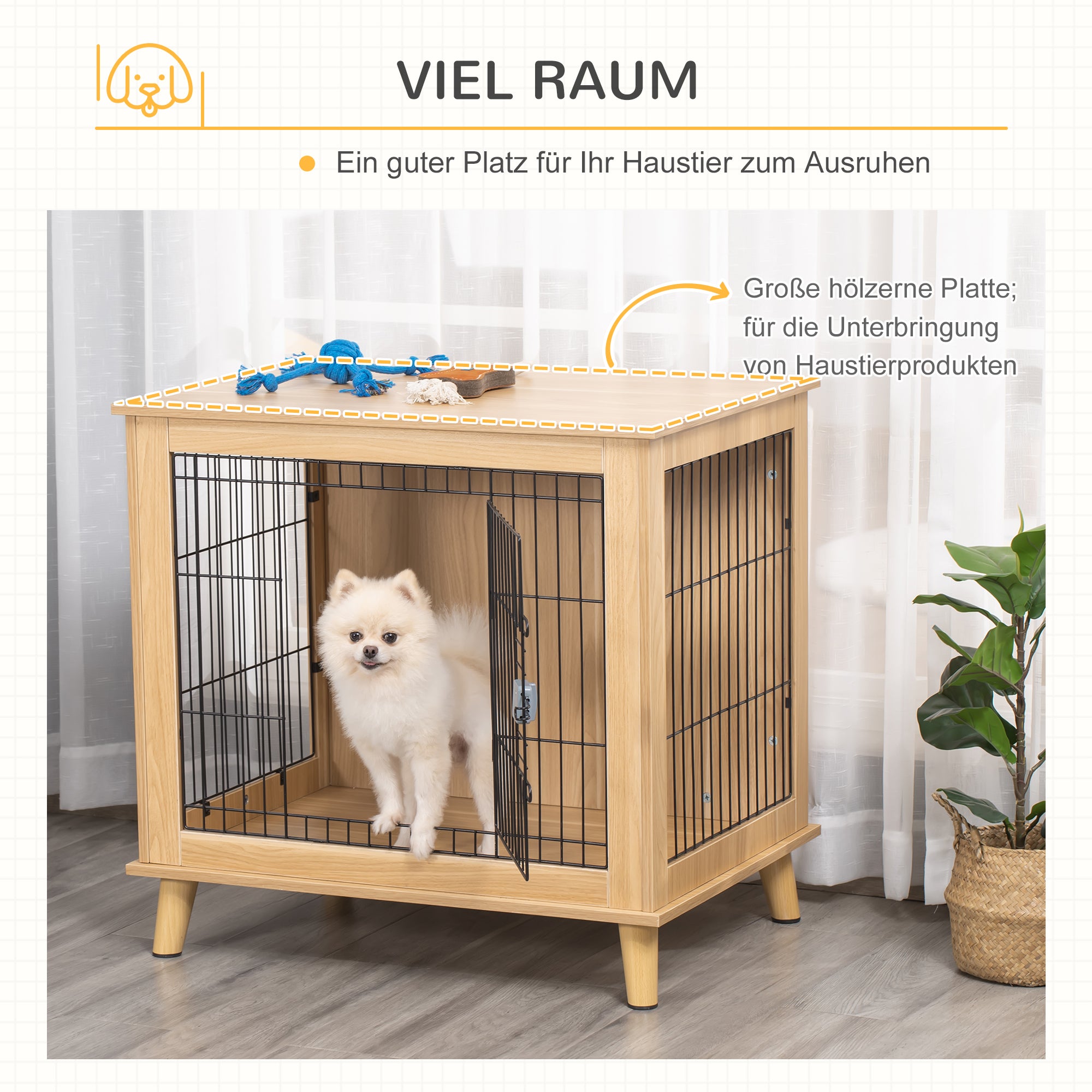 PawHut Transportbox aus Holz, Hundebox 81 cm x 58,5 cm x 76 cm Eiche Stahl Braun + Schwarz