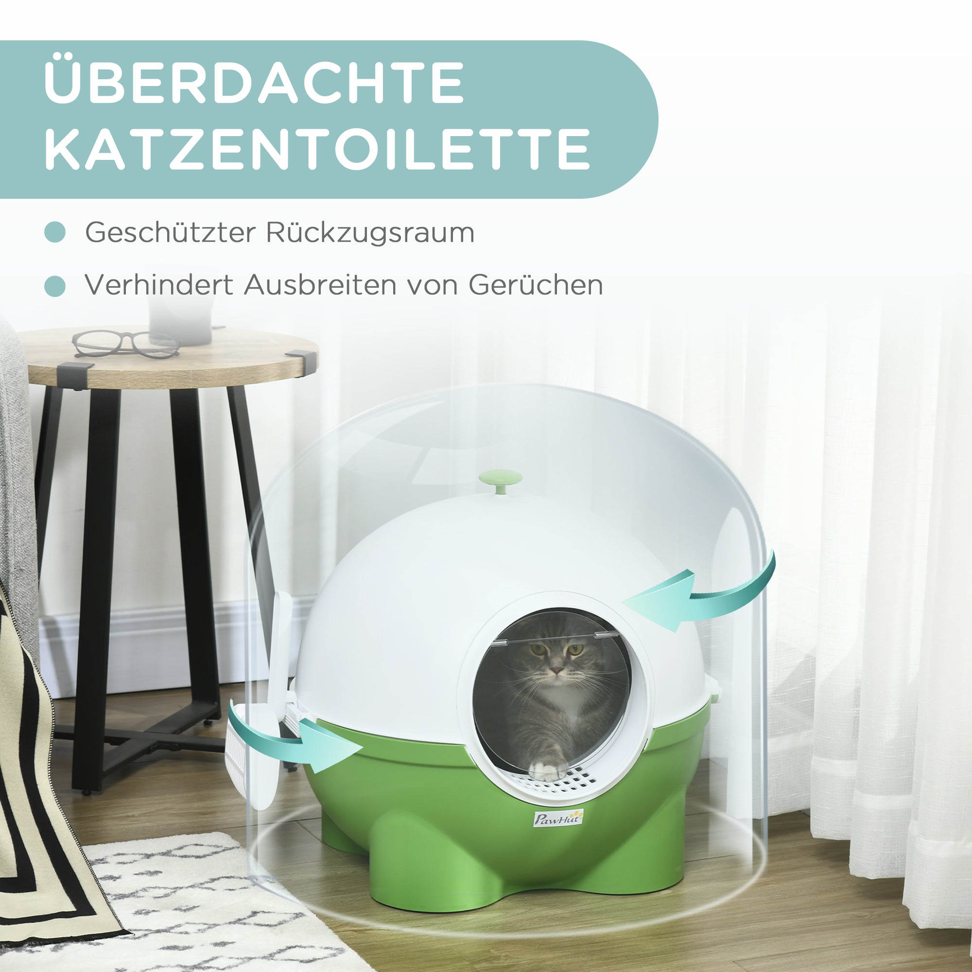 PawHut Katzentoilette mit Sieb, inkl. Schaufel, niedliches Design; Grün + Weiß