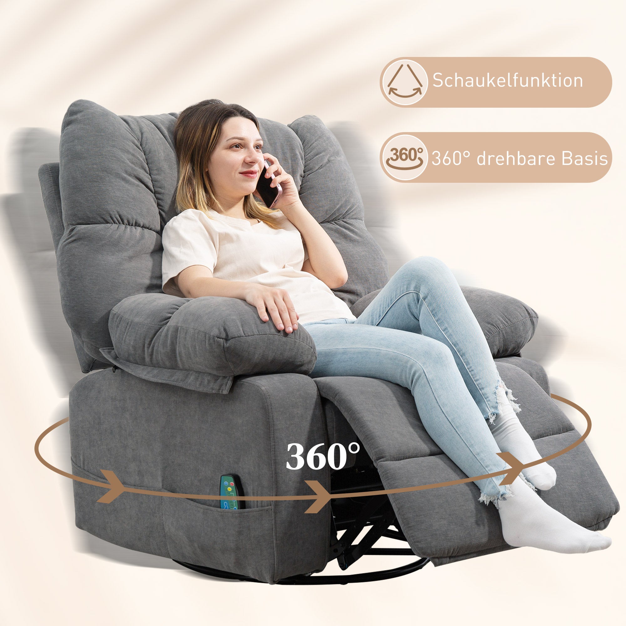 HOMCOM Relaxsessel mit Massagefunktion, Liegefunktion, Drehbarer Massagesessel, 4 Seitentaschen und Fernbedienung, Dunkelgrau