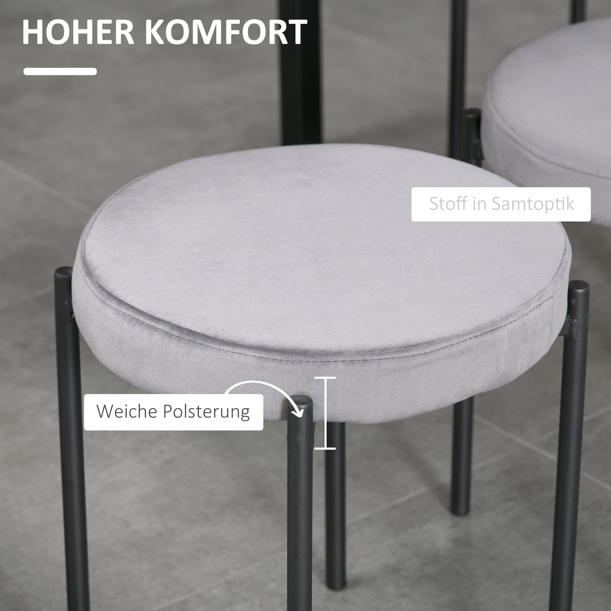 HOMCOM 4er-Set Esszimmerhocker Stapelbar Esszimmerstühle Küchenstuhl mit gepolstertem Sitz, Samtoptik Sitzhocker Samt für Küche Esszimmer Metall Grau 41,5 x 41,5 x 46 cm