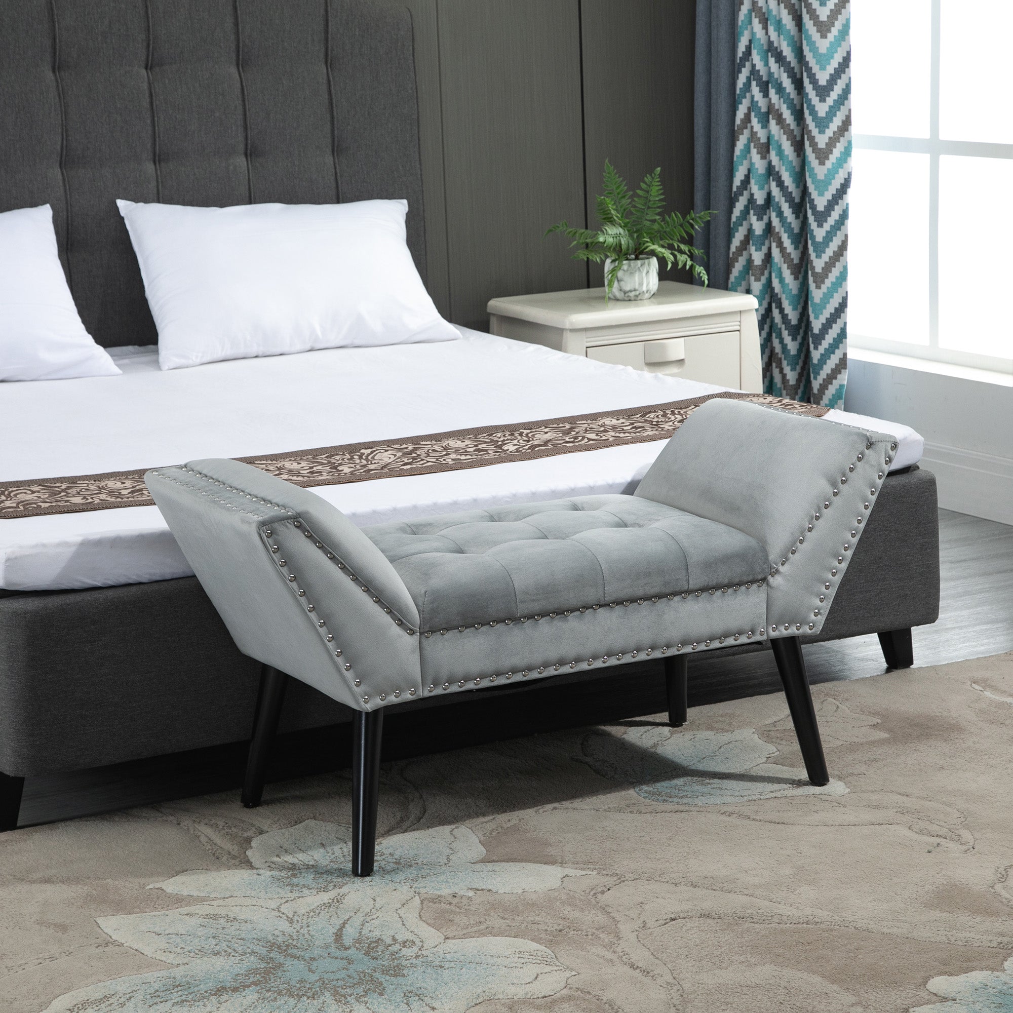 HOMCOM Polsterbank Sitzbank Klavierbank Pianobank mit Samtoptik Bettbank für Schlafzimmer Wohnzimmer, Flur, Gummiholz Hellgrau 114 x 46 x 56 cm