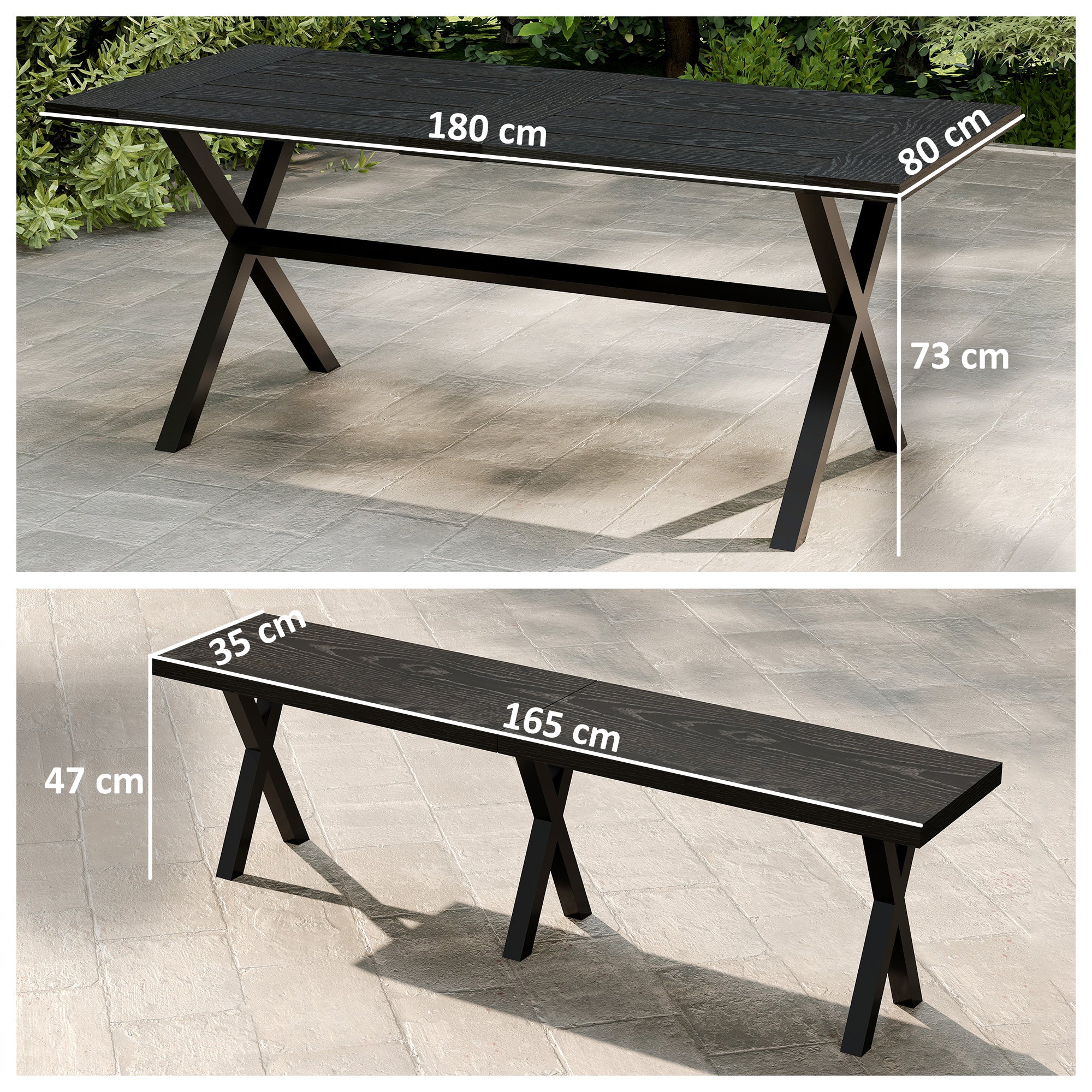 Outsunny Bierzeltgarnitur für 6 Personen, wetterfest, Holzoptik, Alurahmen, Schwarz